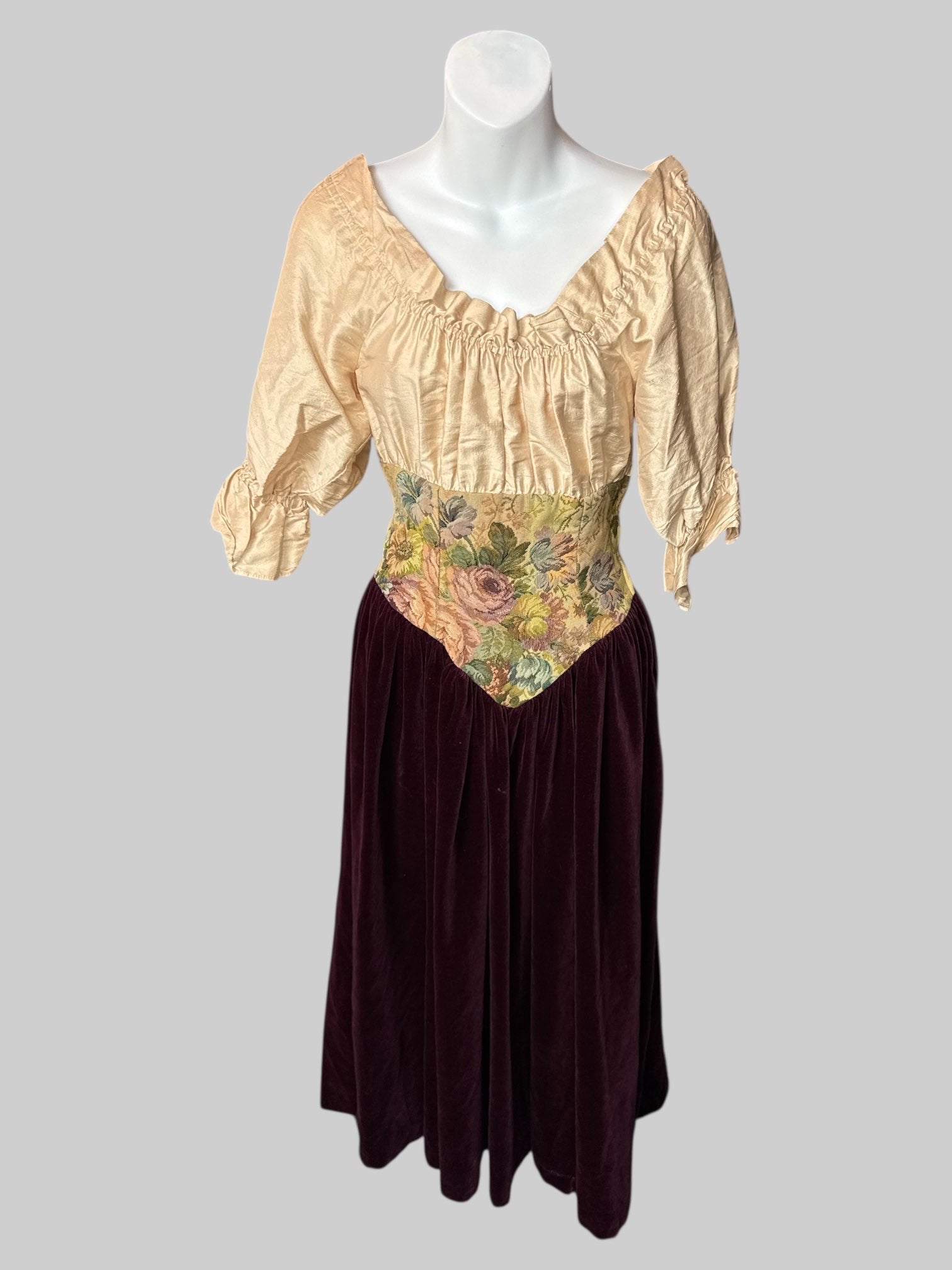 S Vintage rare tan and maroon dress with floral upholstery designed bodice, balloon, sleeves, and zipper on side