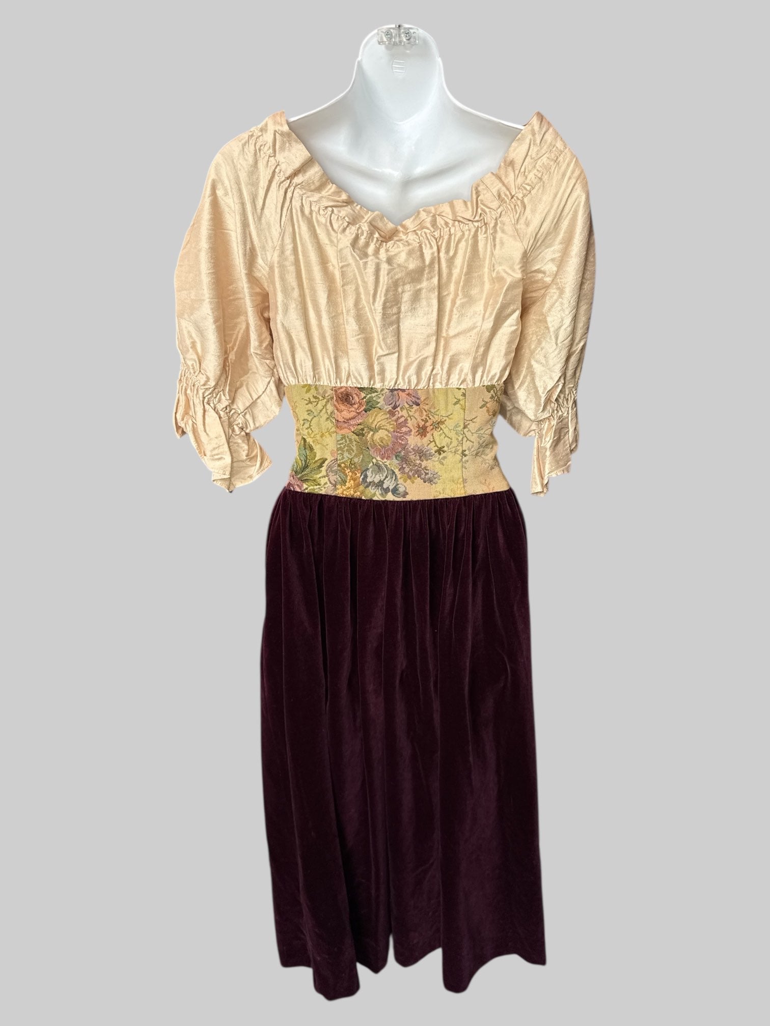 S Vintage rare tan and maroon dress with floral upholstery designed bodice, balloon, sleeves, and zipper on side