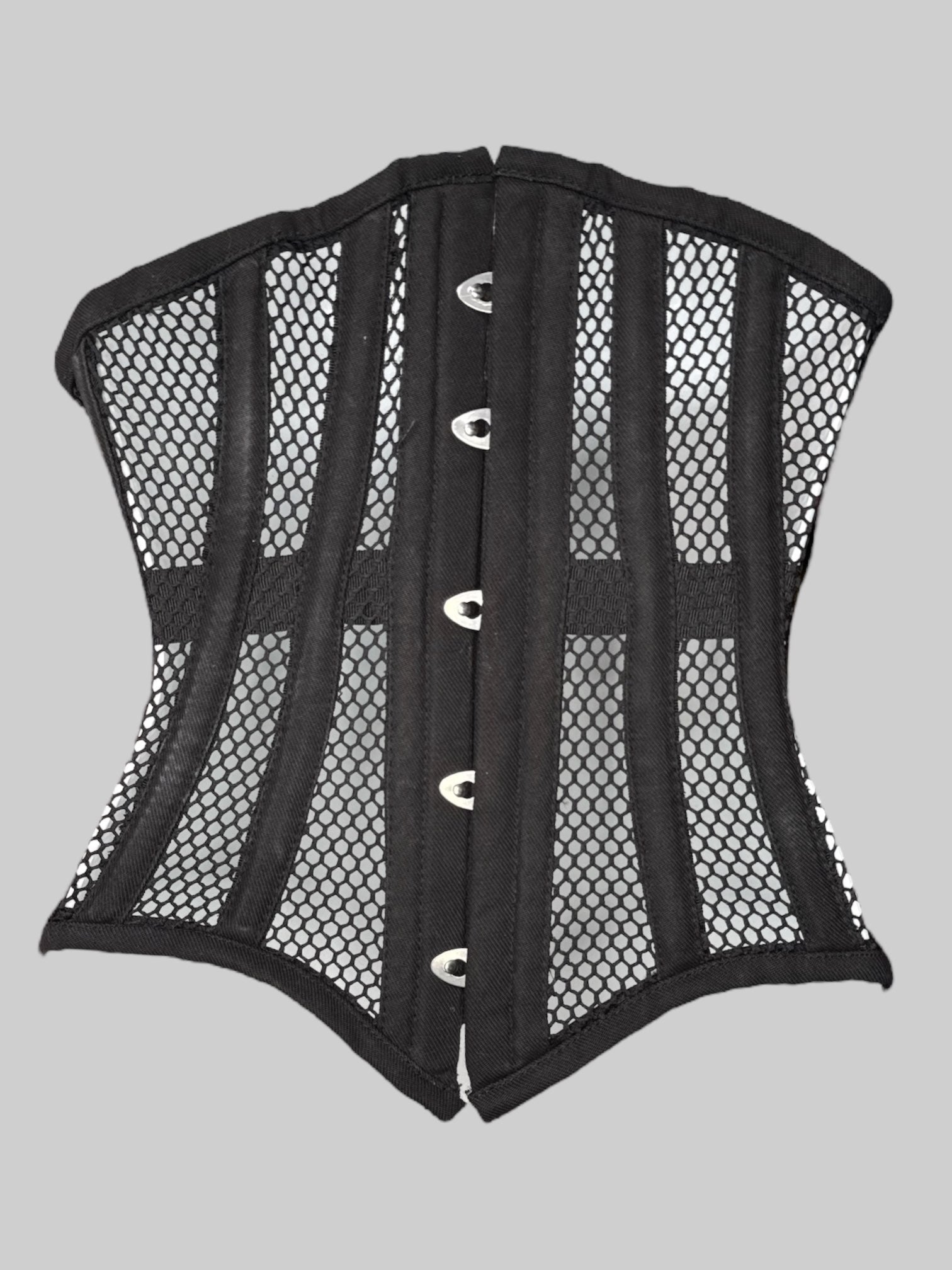 XS Black fishnet corset with metal class on back and lacing on front