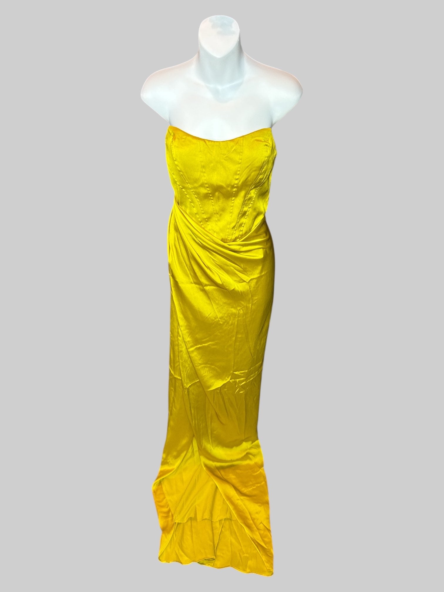 XS Yellow strapless long gown with bodice design, and pleaded flow details on bottom