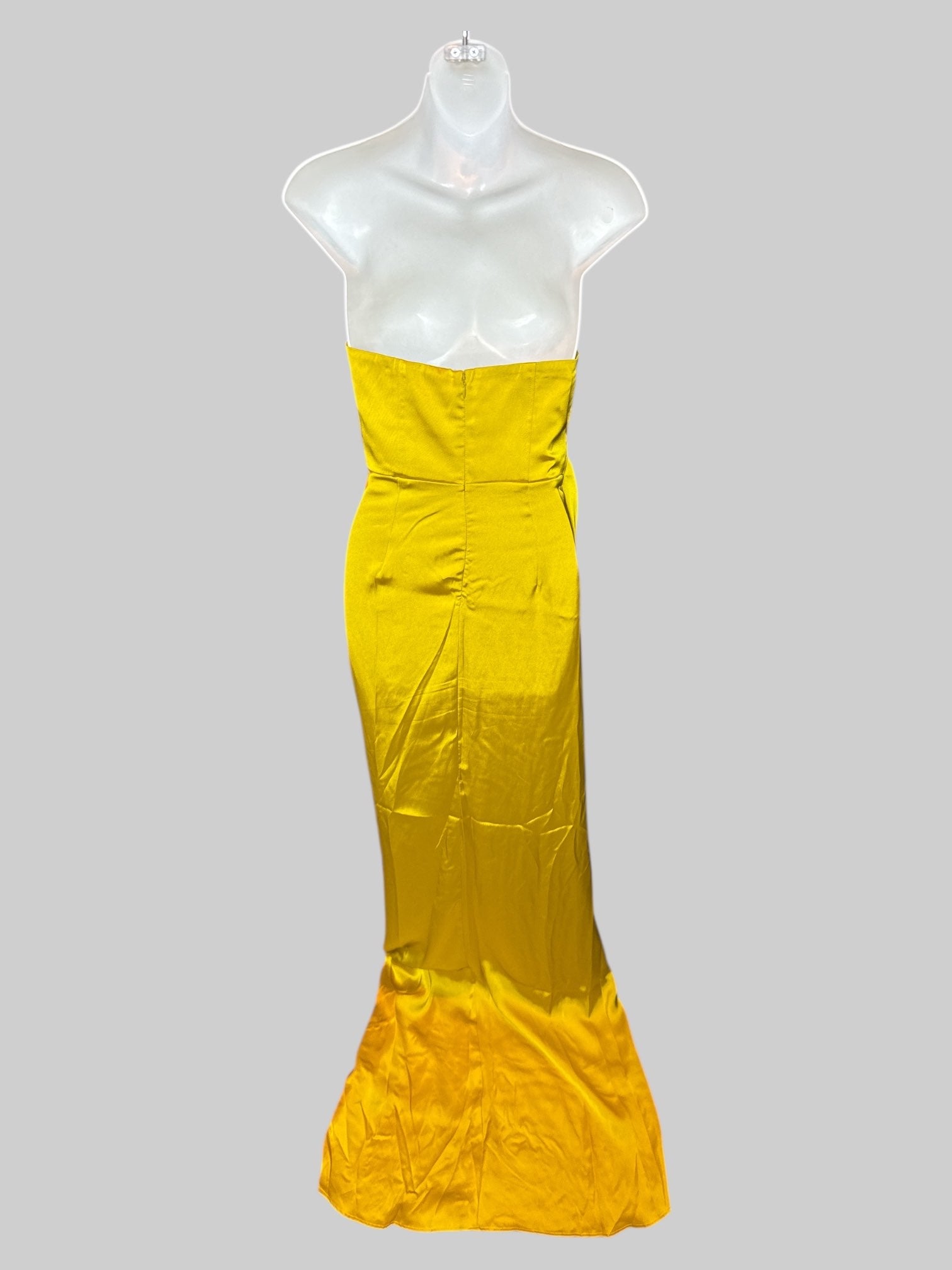 XS Yellow strapless long gown with bodice design, and pleaded flow details on bottom