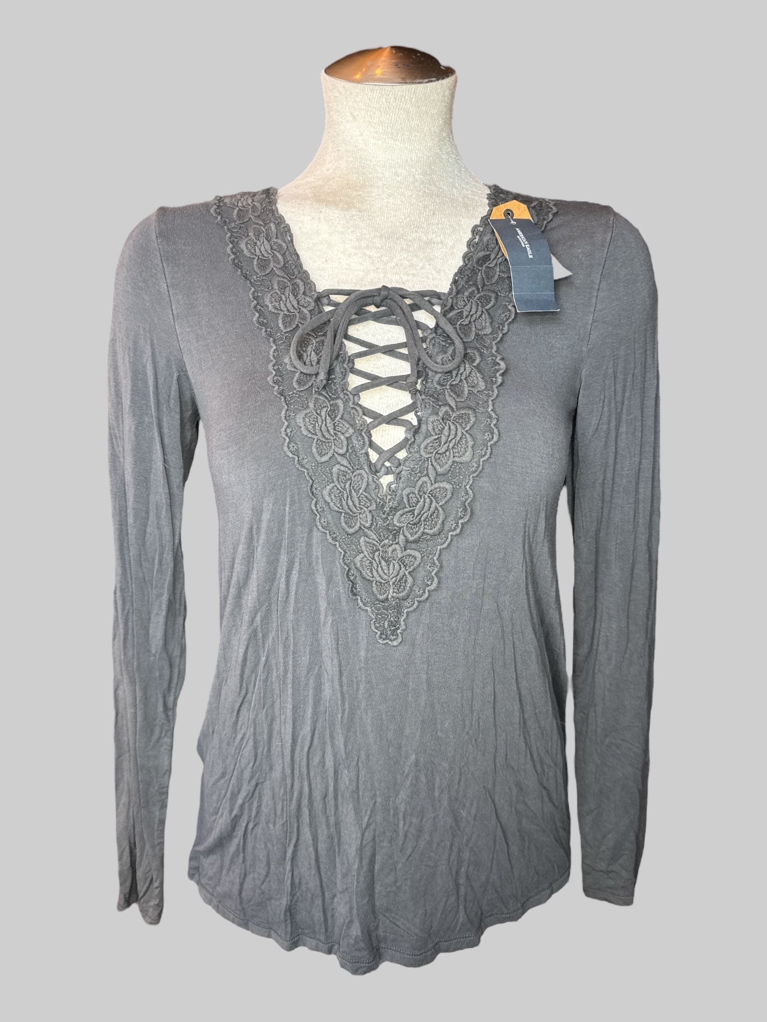 M NWT grey long sleeve top with lace and lacing on neck line