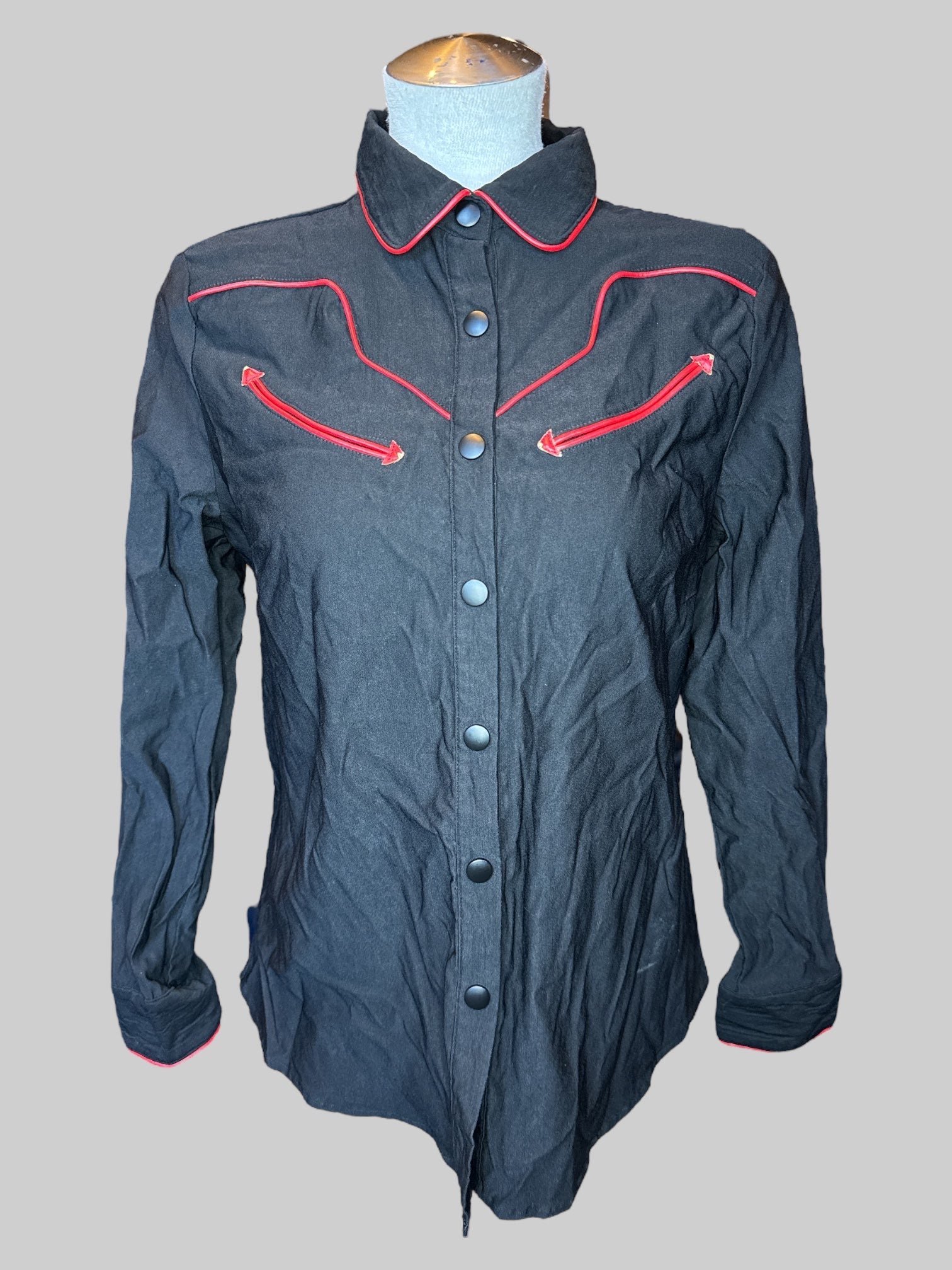 XL Black long sleeve snap button down with red leather details
