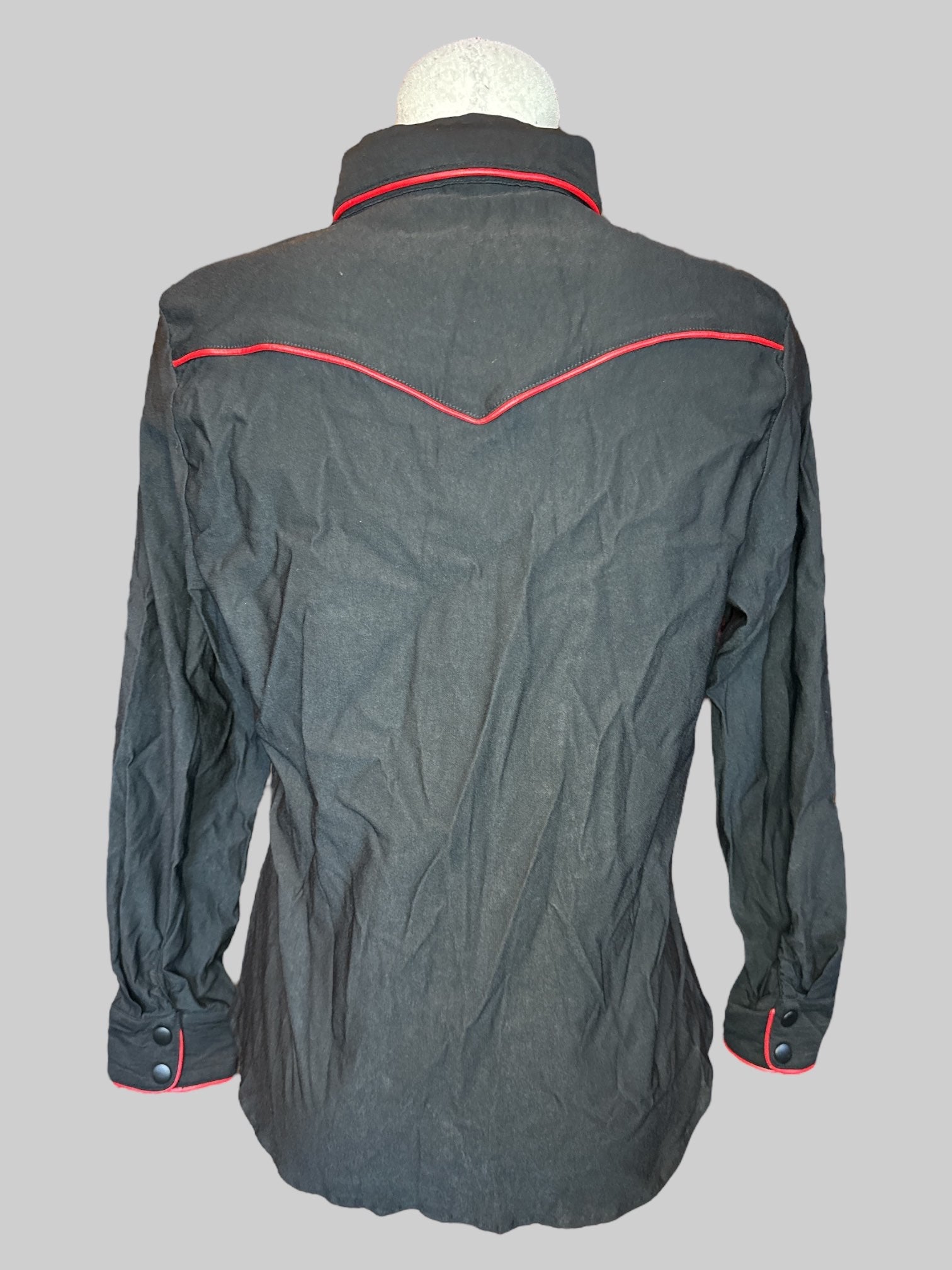XL Black long sleeve snap button down with red leather details