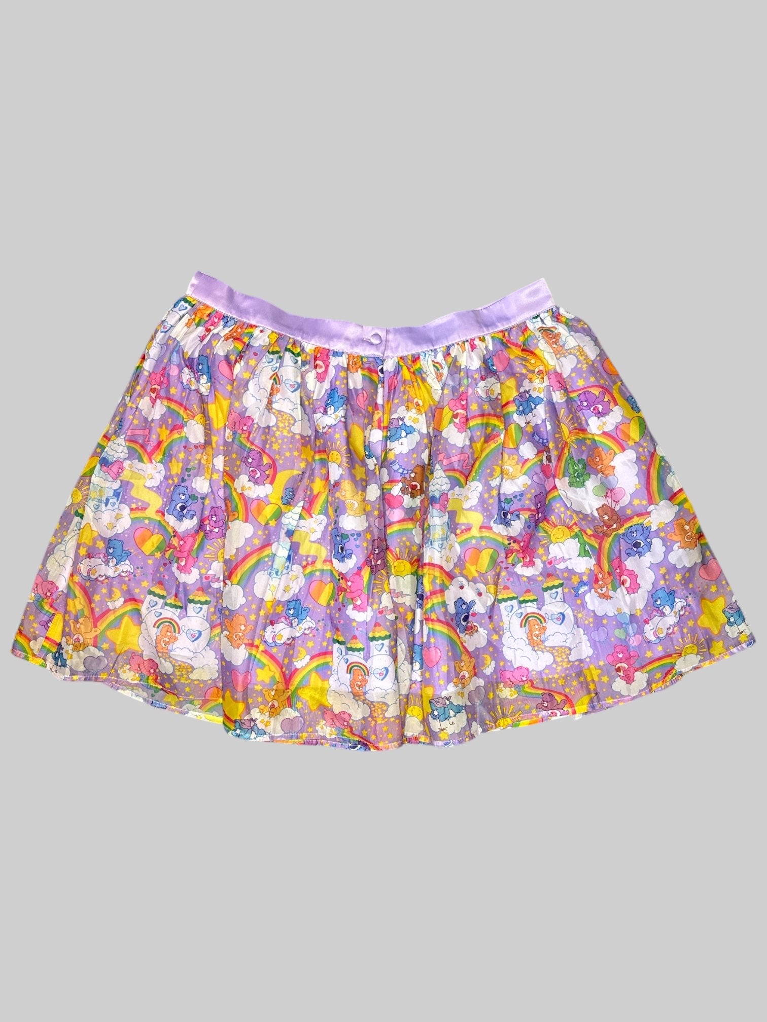 L Purple flowy Carebear skirt with pockets, and button and zipper on back