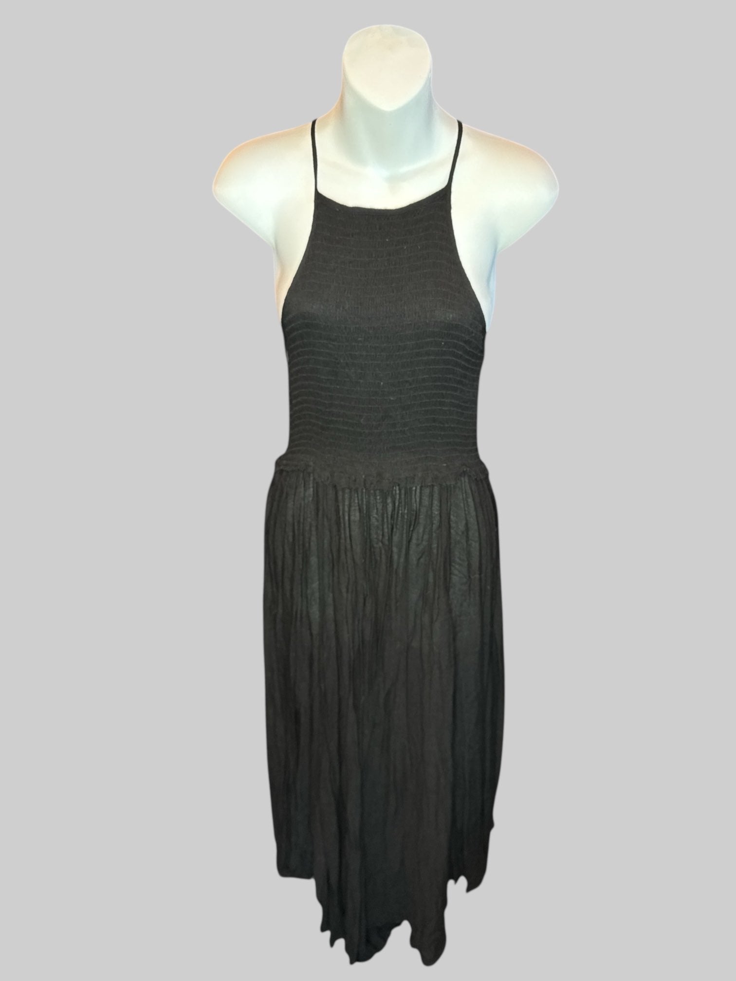 XS Black sleeveless dress with flowy bottom, and shirred top