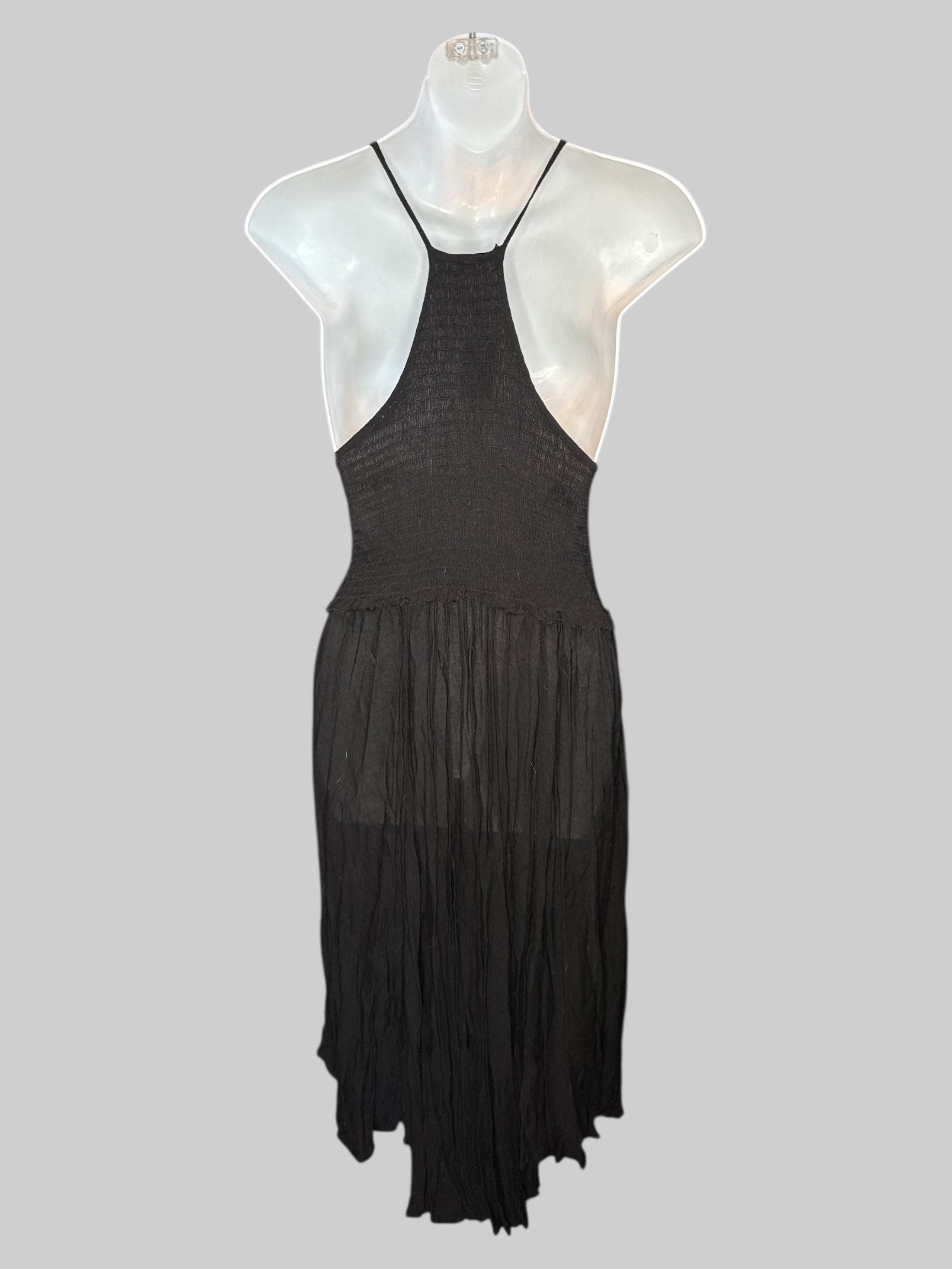 XS Black sleeveless dress with flowy bottom, and shirred top