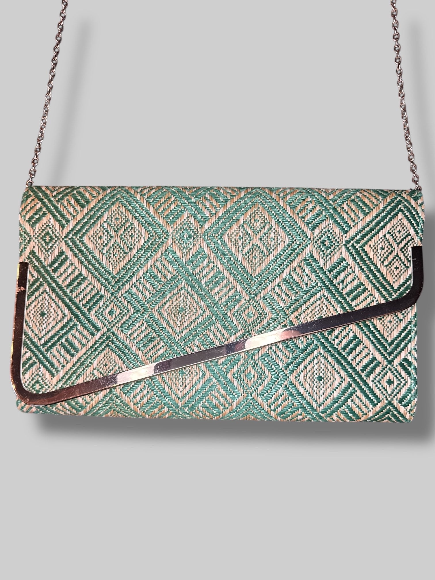 Vintage Green woven geometric design purse with chain strap, snap buttons, and pockets inside