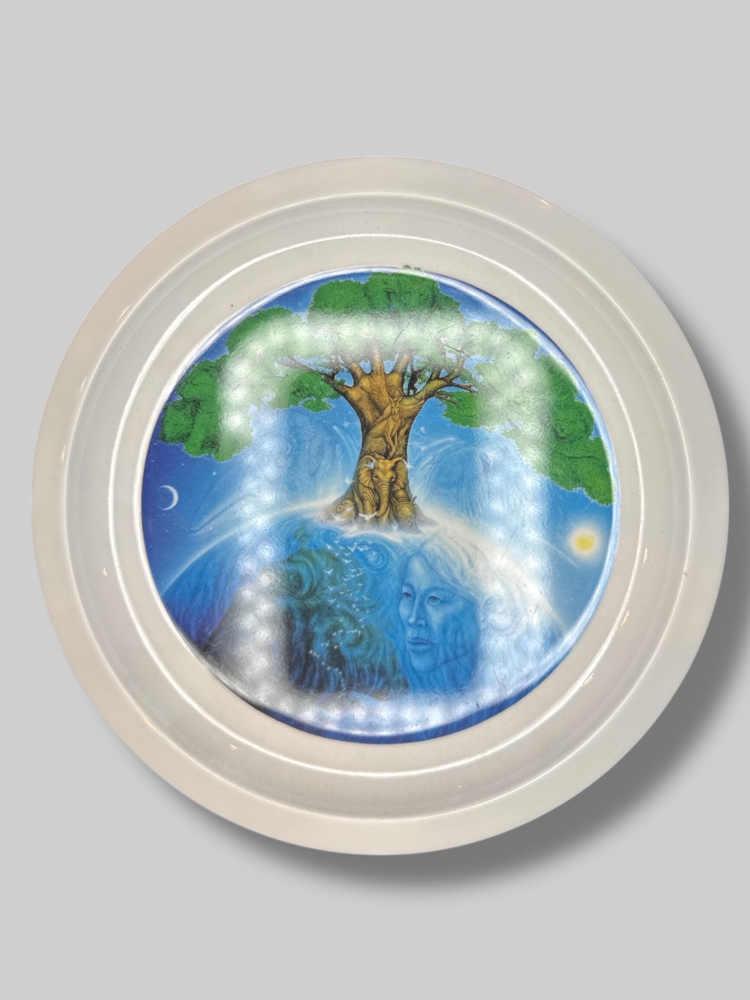 White plastic plate with Mother earth graphic
