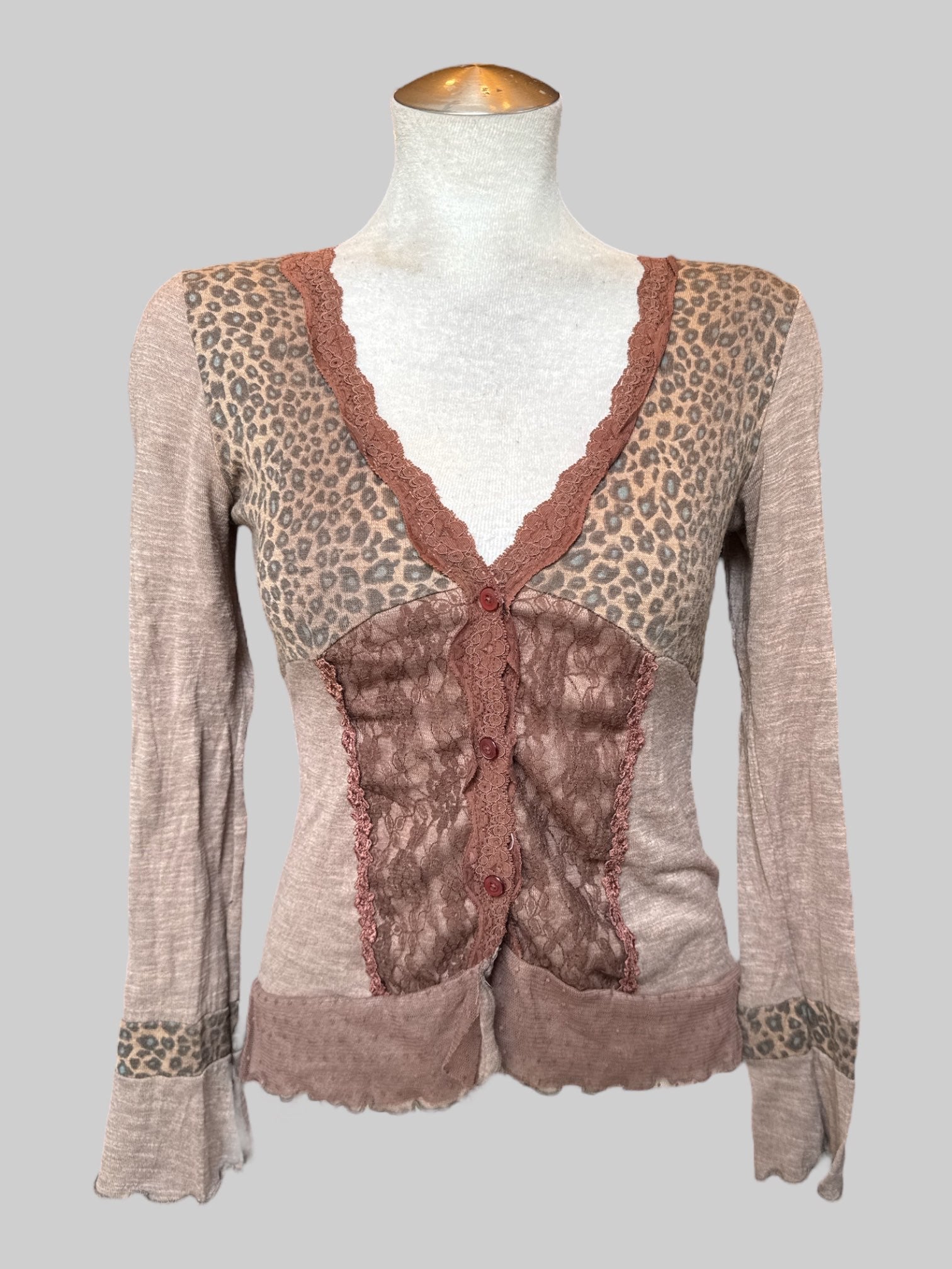 M Vintage brown button up with lace and animal print and lettuce trim