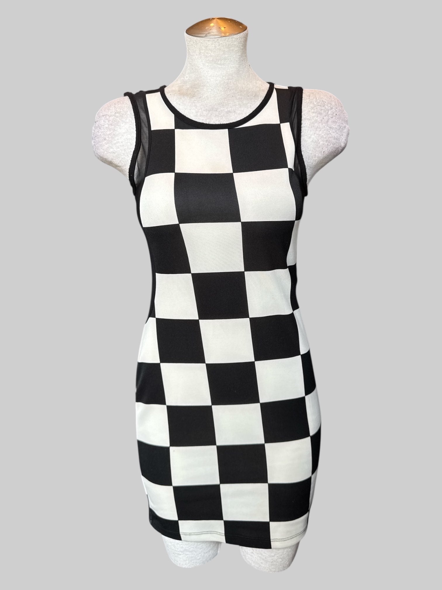 S Black and white checkered body con dress with sheer sides