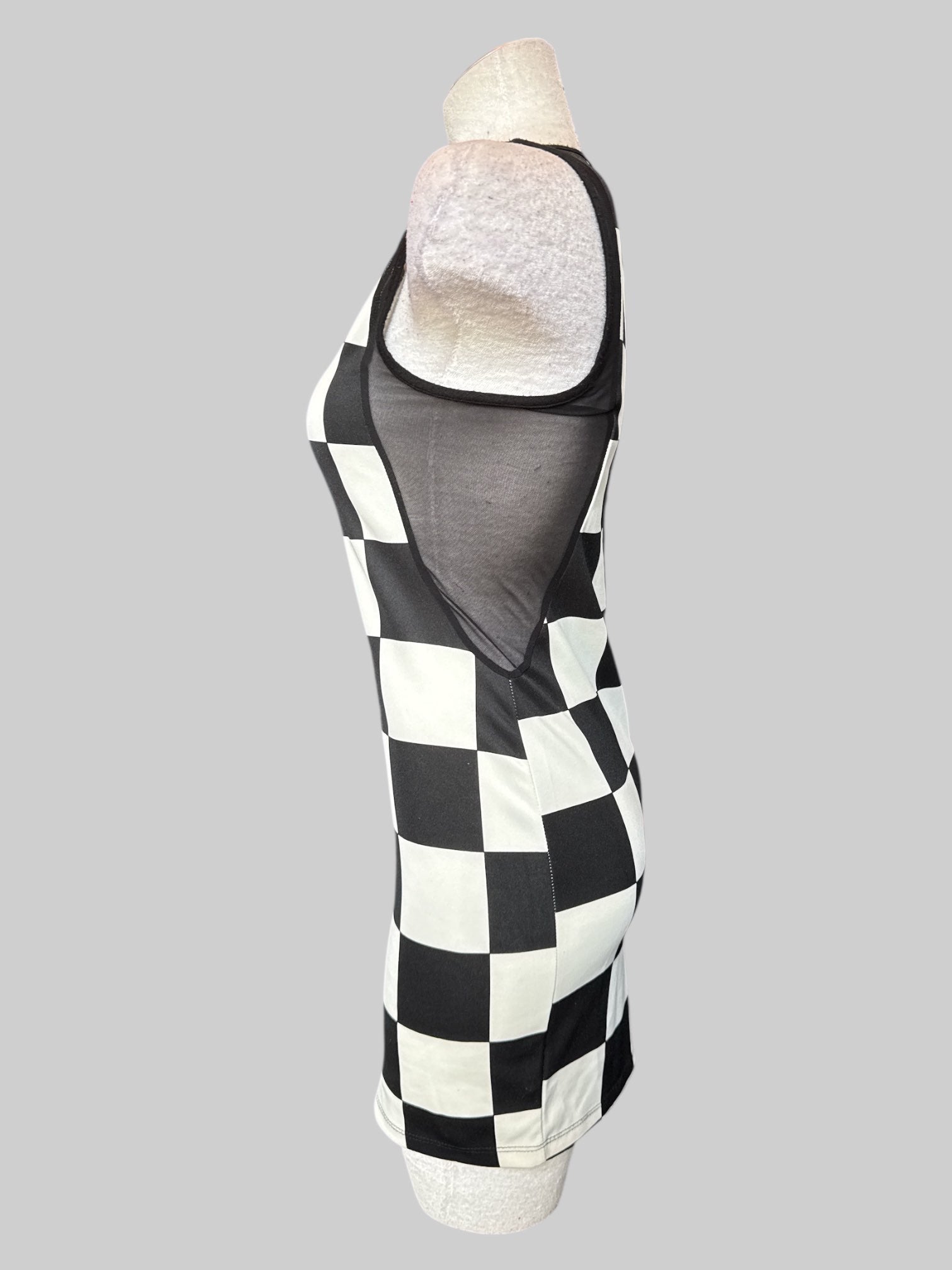 S Black and white checkered body con dress with sheer sides