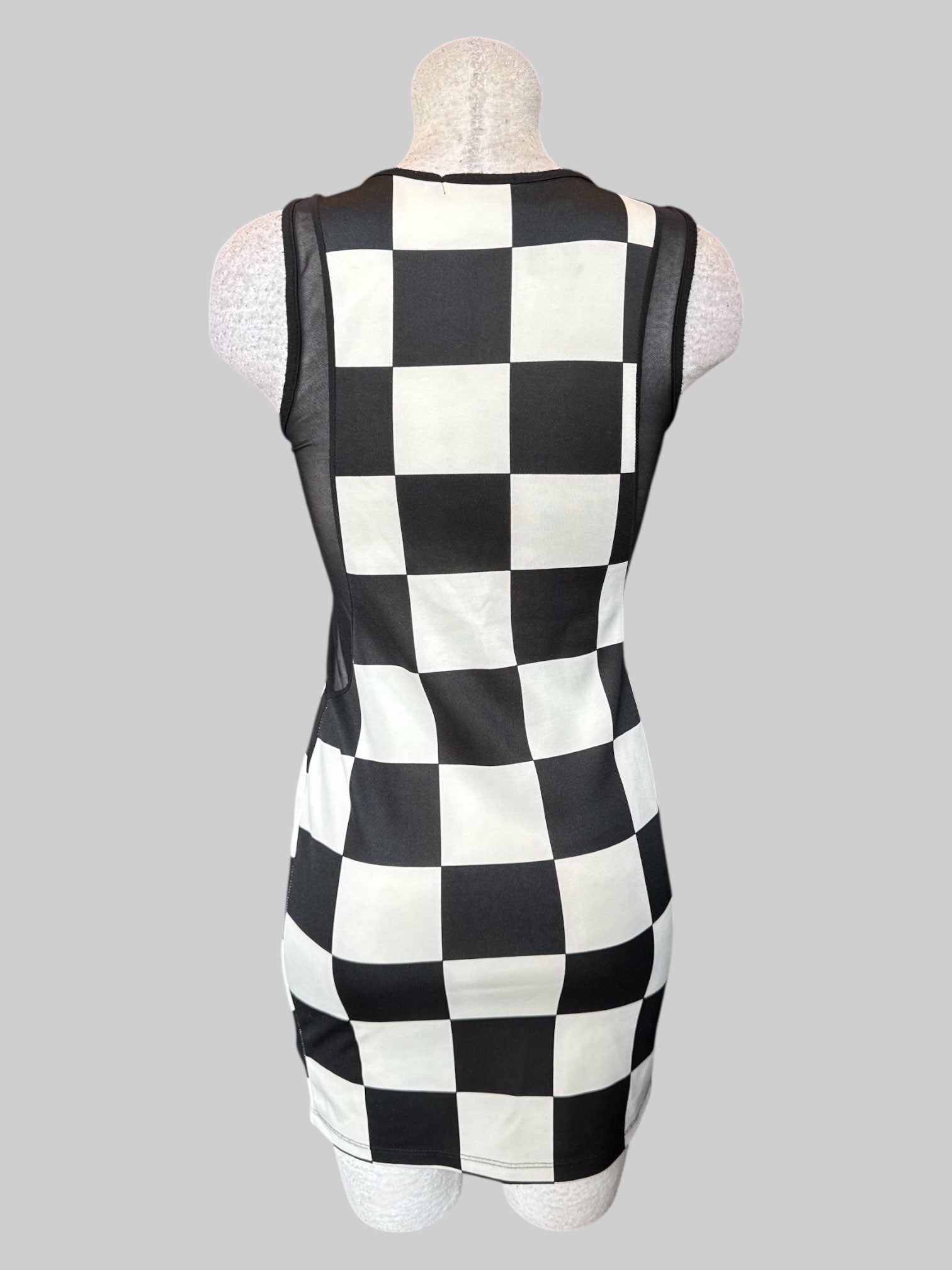 S Black and white checkered body con dress with sheer sides