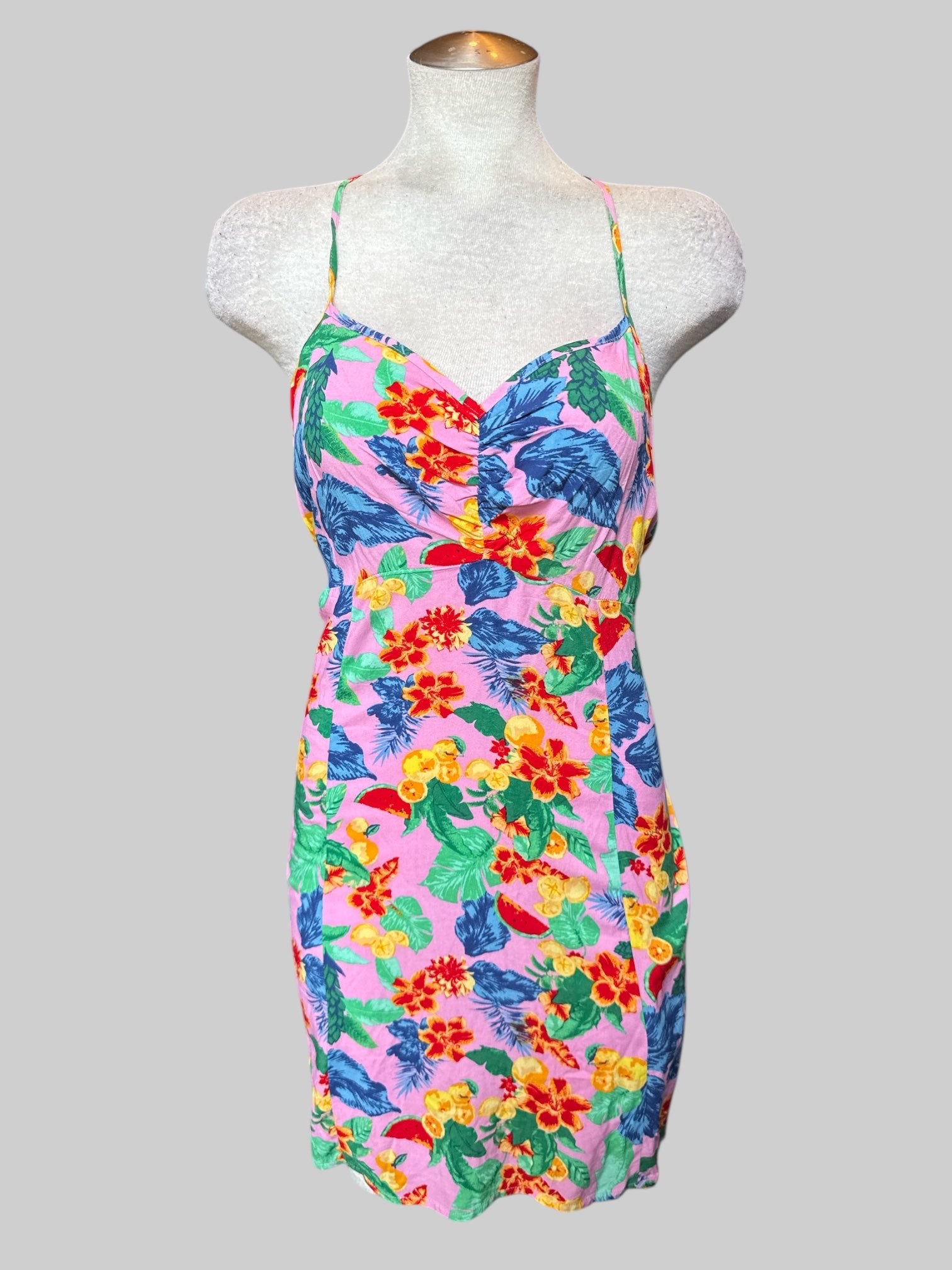 0X Purple pink halter style dress with multicolor florals and fruit