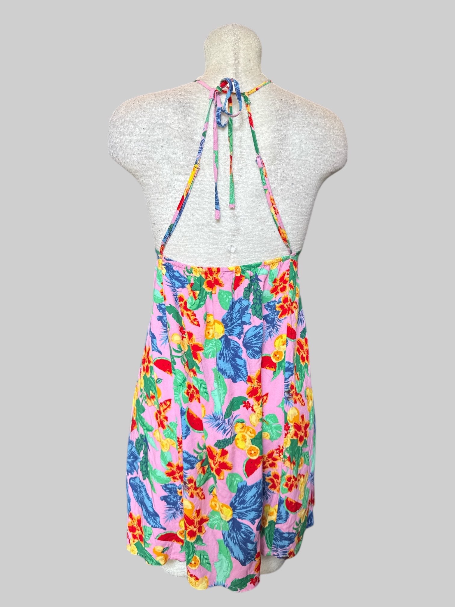 0X Purple pink halter style dress with multicolor florals and fruit