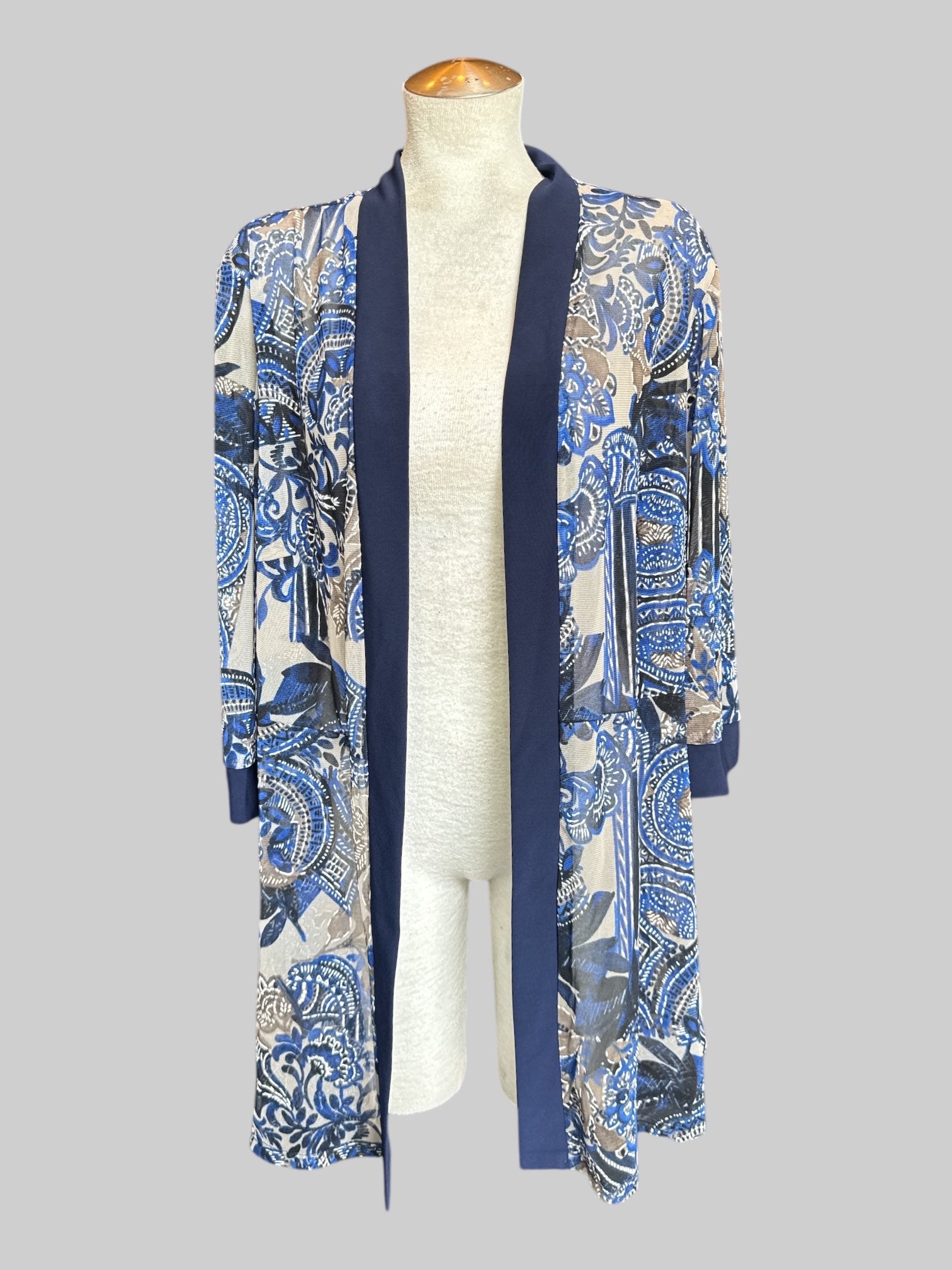 0X Vintage sheer flowy cardigan with blue florals and geometric patterns