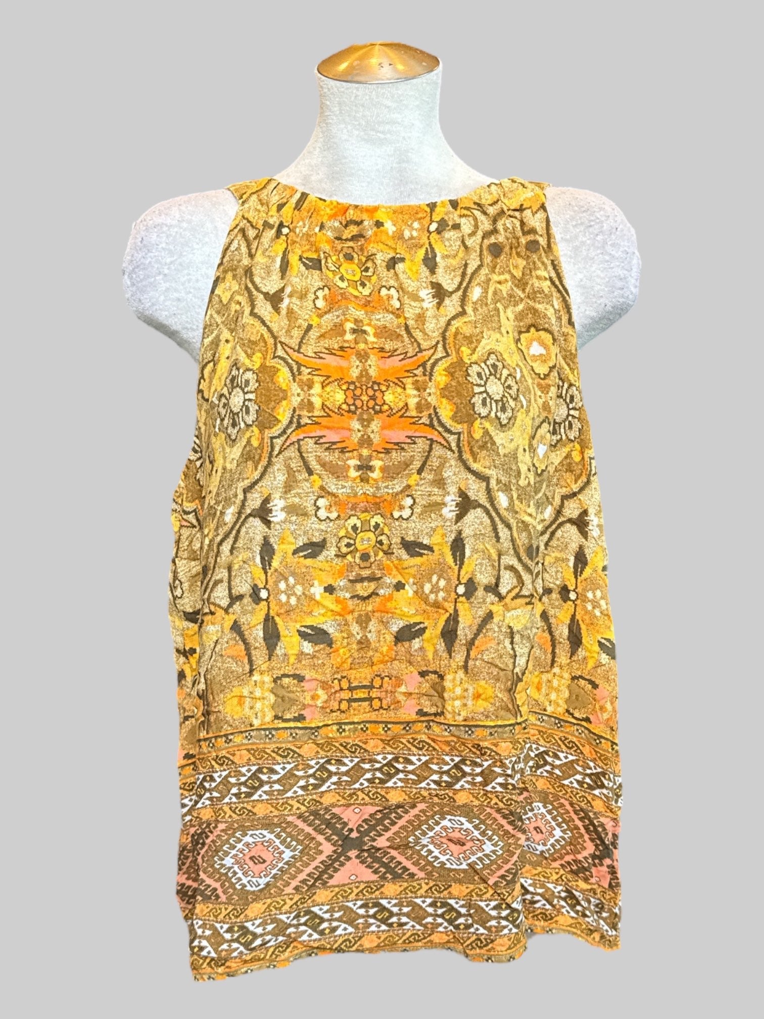 XL Brownish yellow sleeveless top with multicolor florals and geometric designs and keyhole tie back