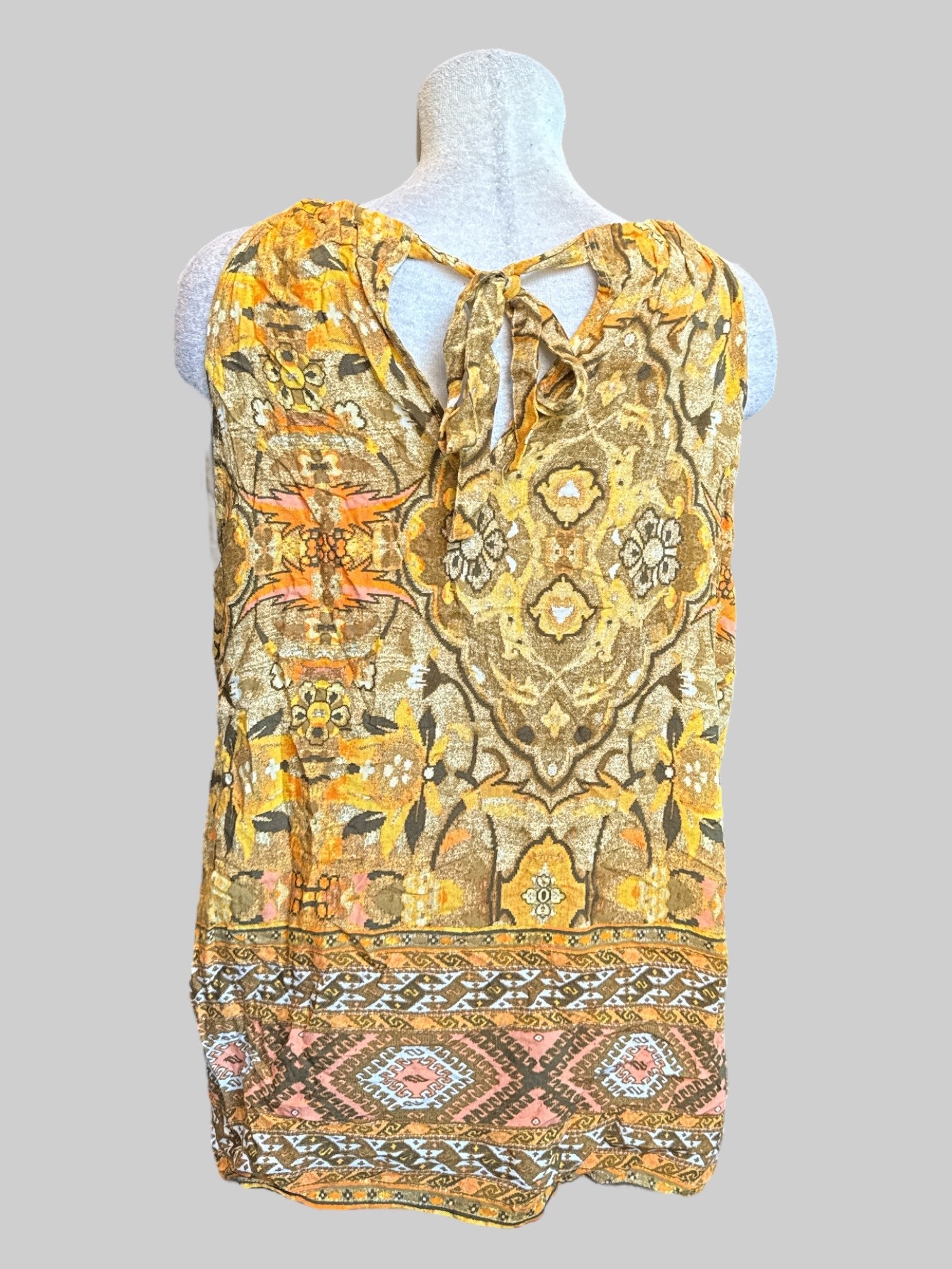 XL Brownish yellow sleeveless top with multicolor florals and geometric designs and keyhole tie back
