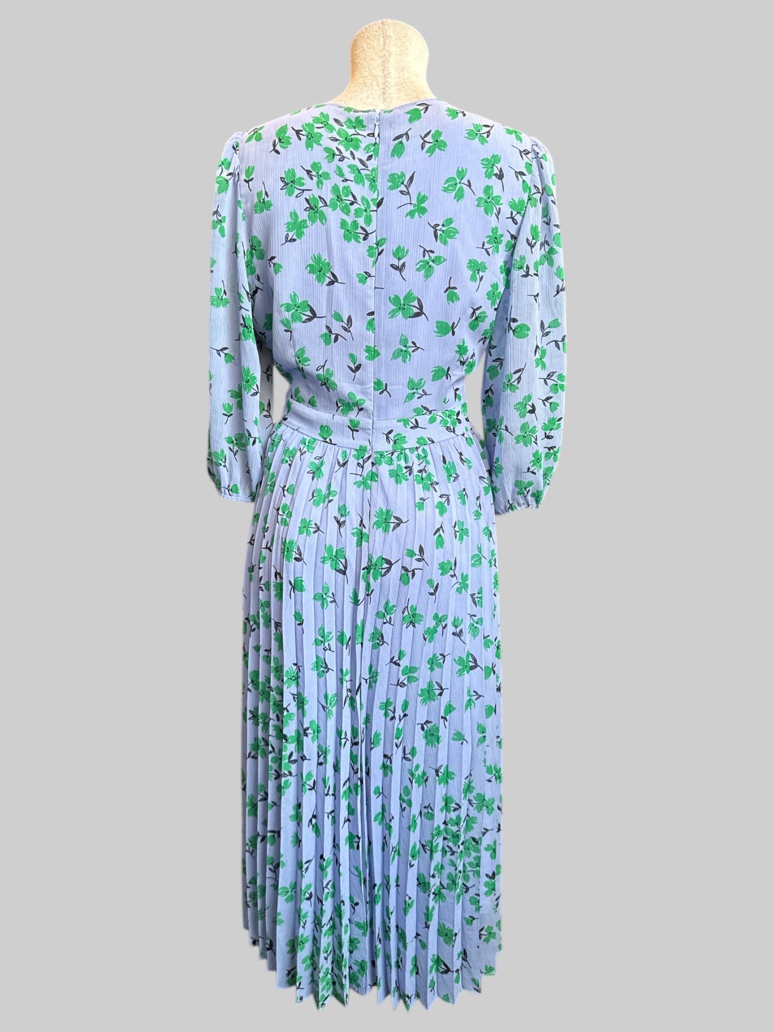 XL Blue maxi dress with pleating, sheer balloon sleeves, and green florals