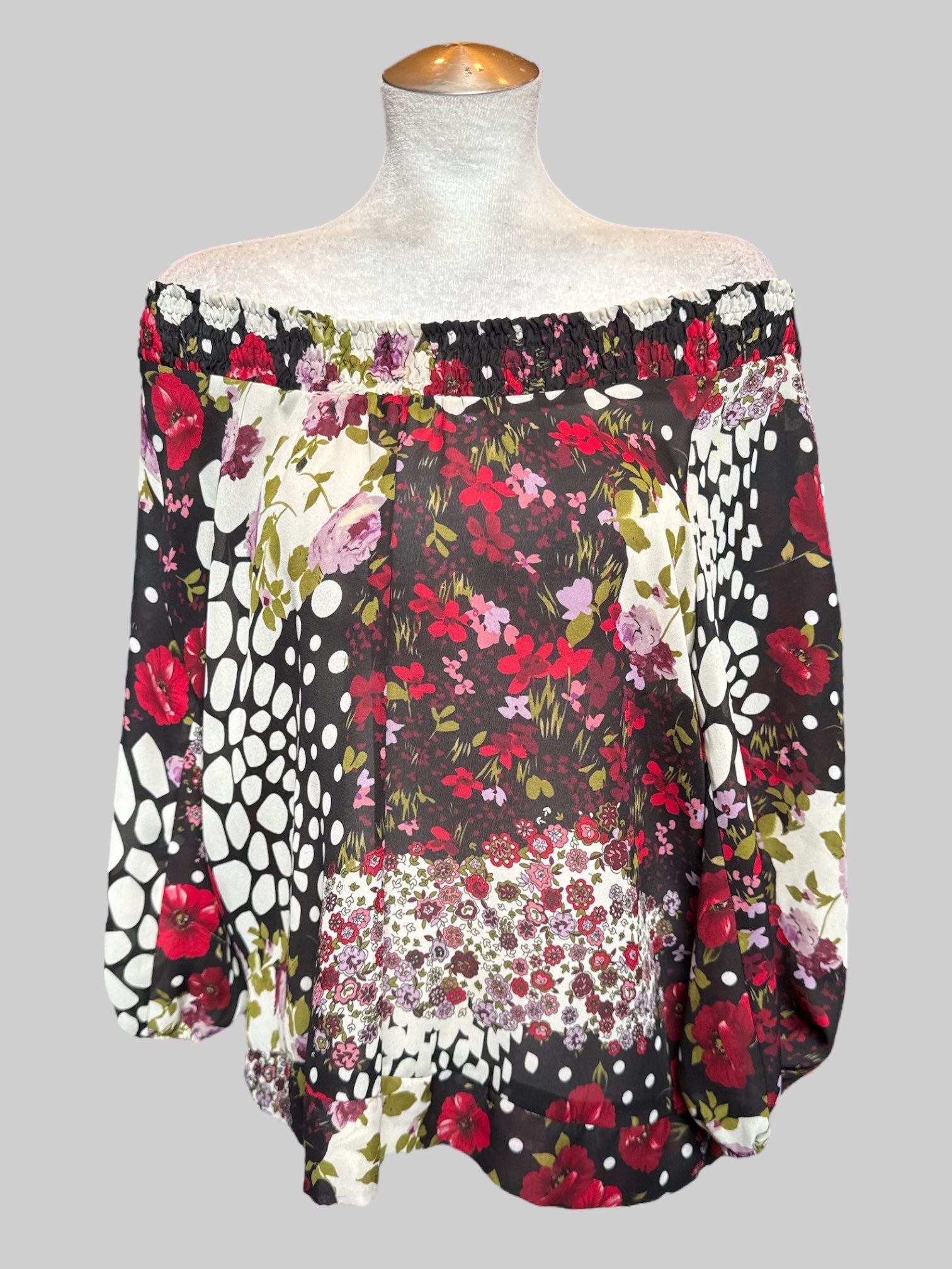L Vintage black sheer top with shirring and multicolor florals and geometric white patterns