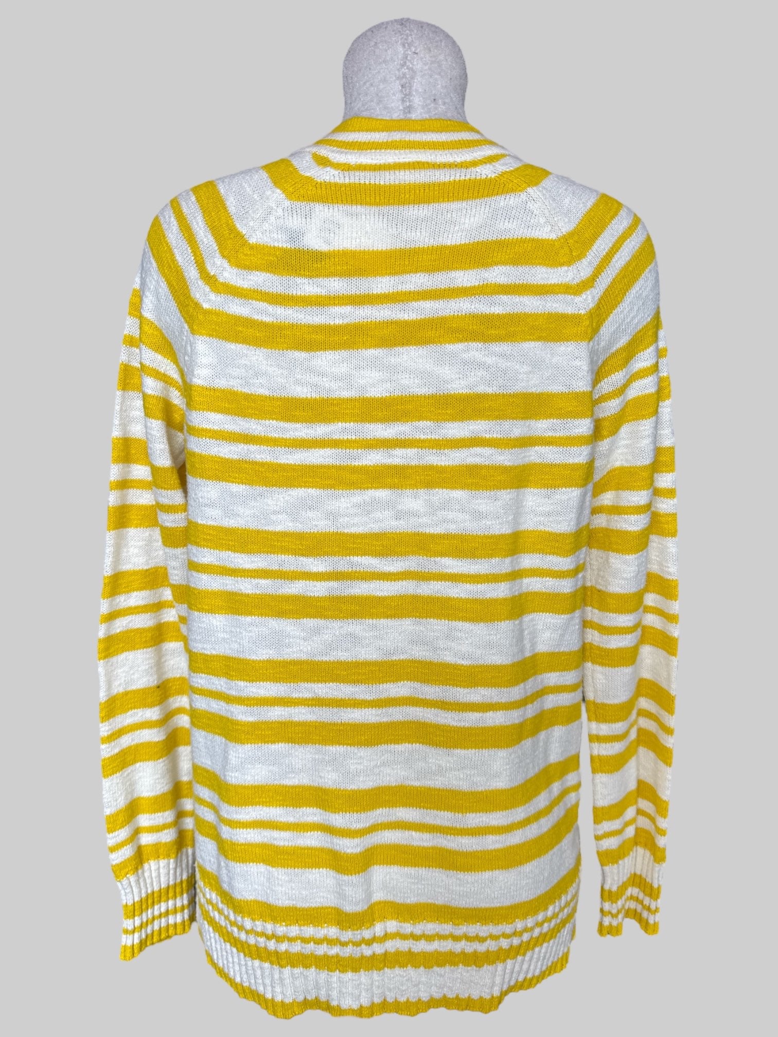 L NWT yellow and white striped long sleeve knit sweater with V-neck