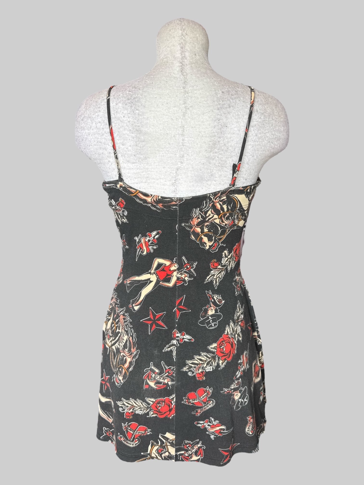 L Vintage Y2K rare Betsey Johnson black sleeveless dress with classical style tattoo graphics