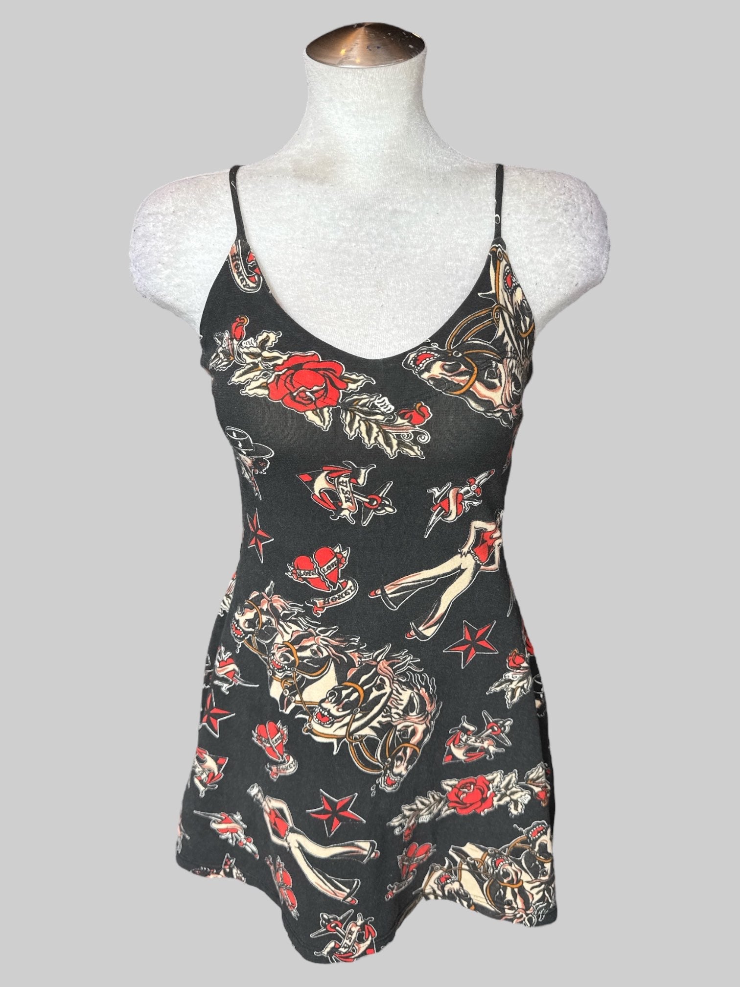 L Vintage Y2K rare Betsey Johnson black sleeveless dress with classical style tattoo graphics