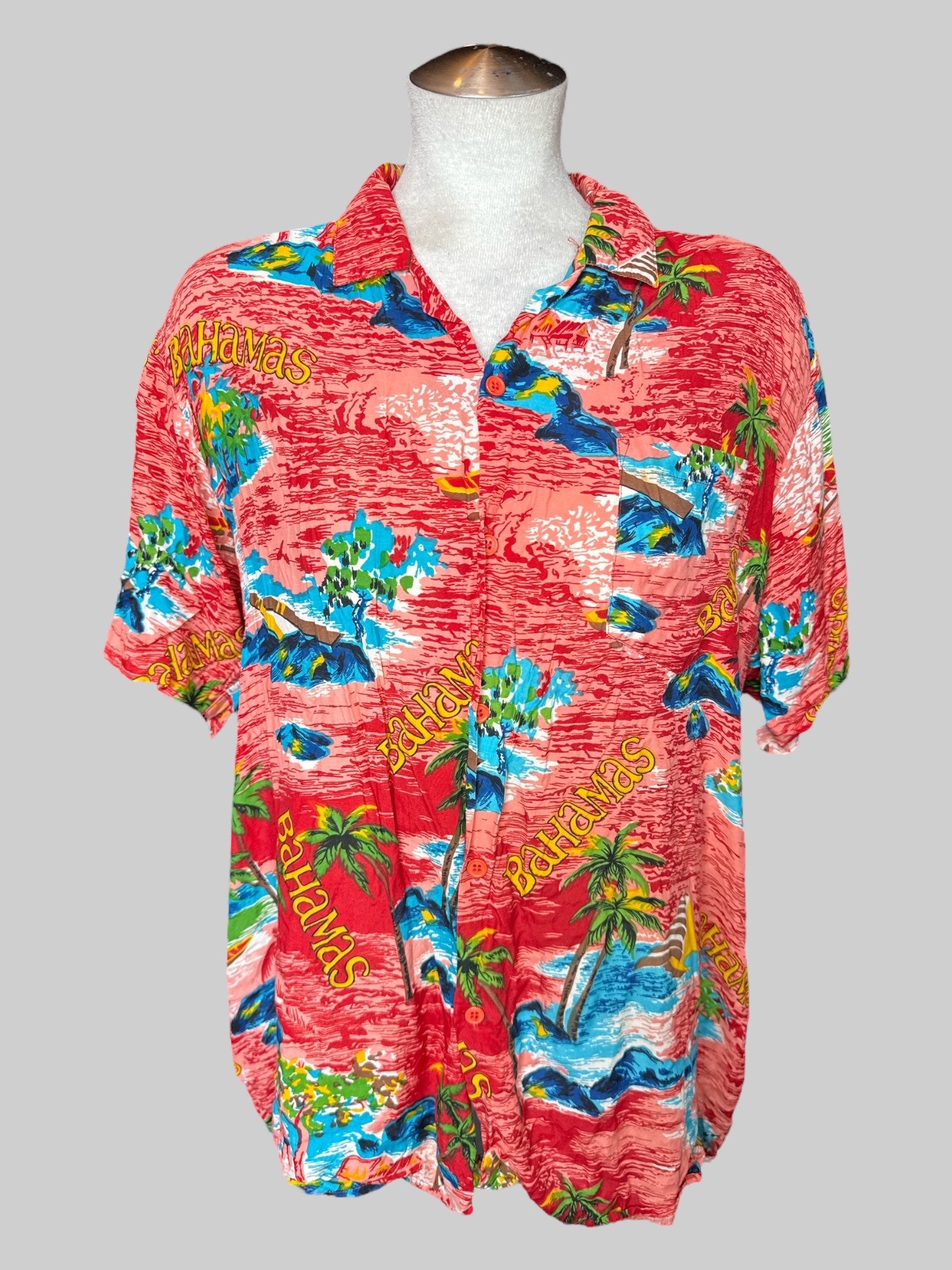 XL Vintage red short sleeve button down with tropical “Bahamas “graphic, and chest pocket