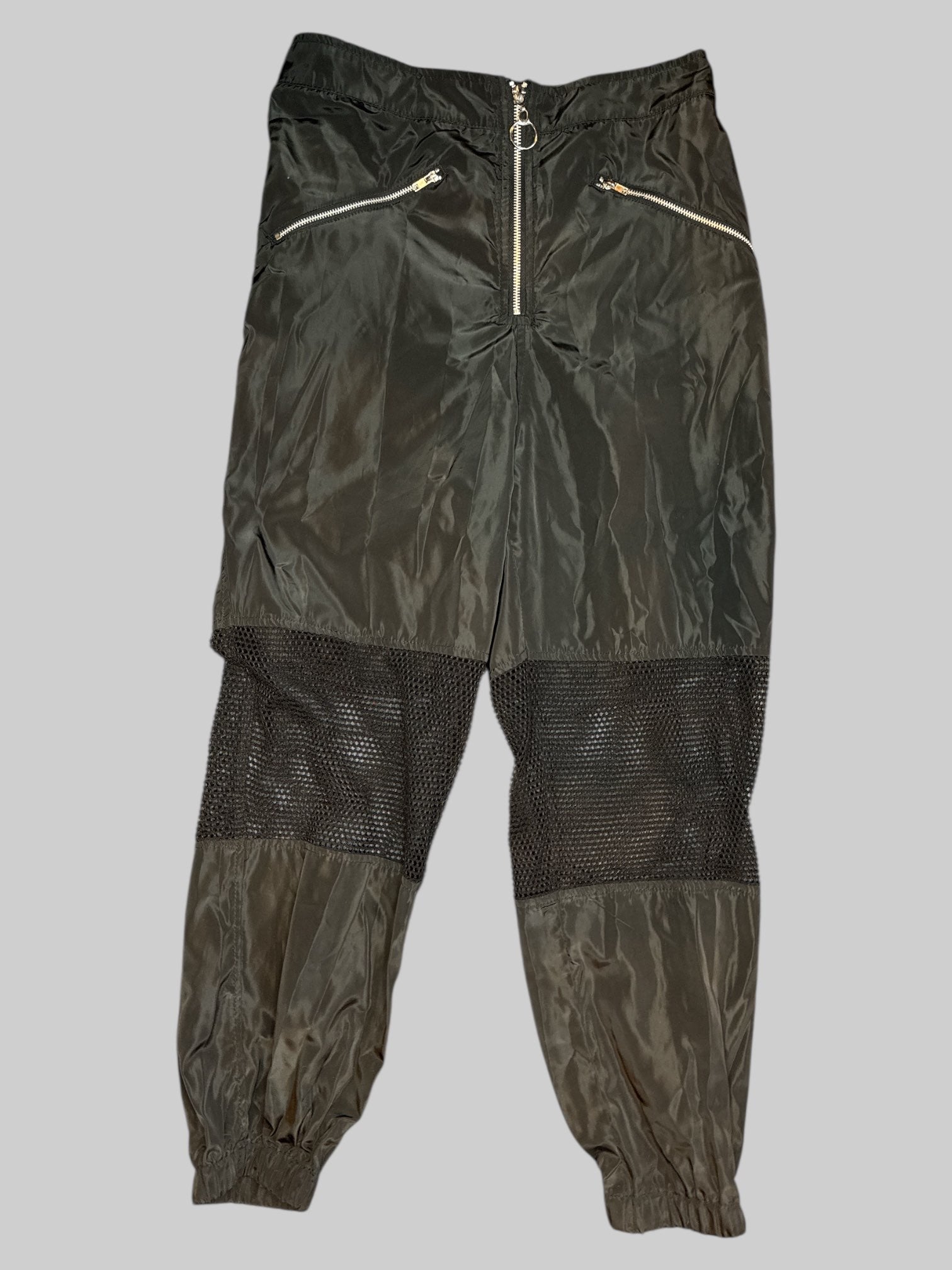 M Black jogger pants with mesh cut outs and O-ring zipper