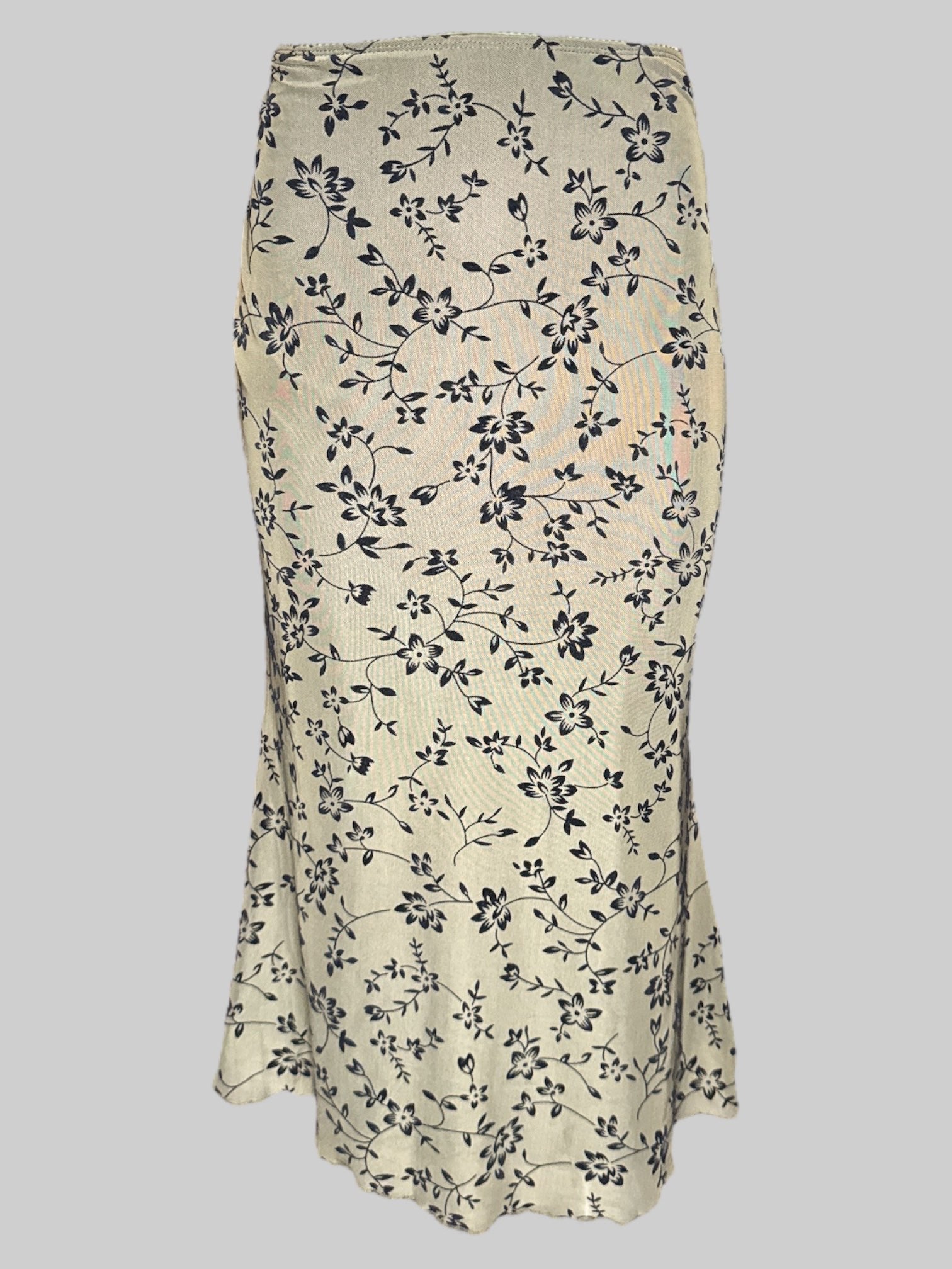 L Green maxi skirt with Velvet burn out black florals and lettuce trim