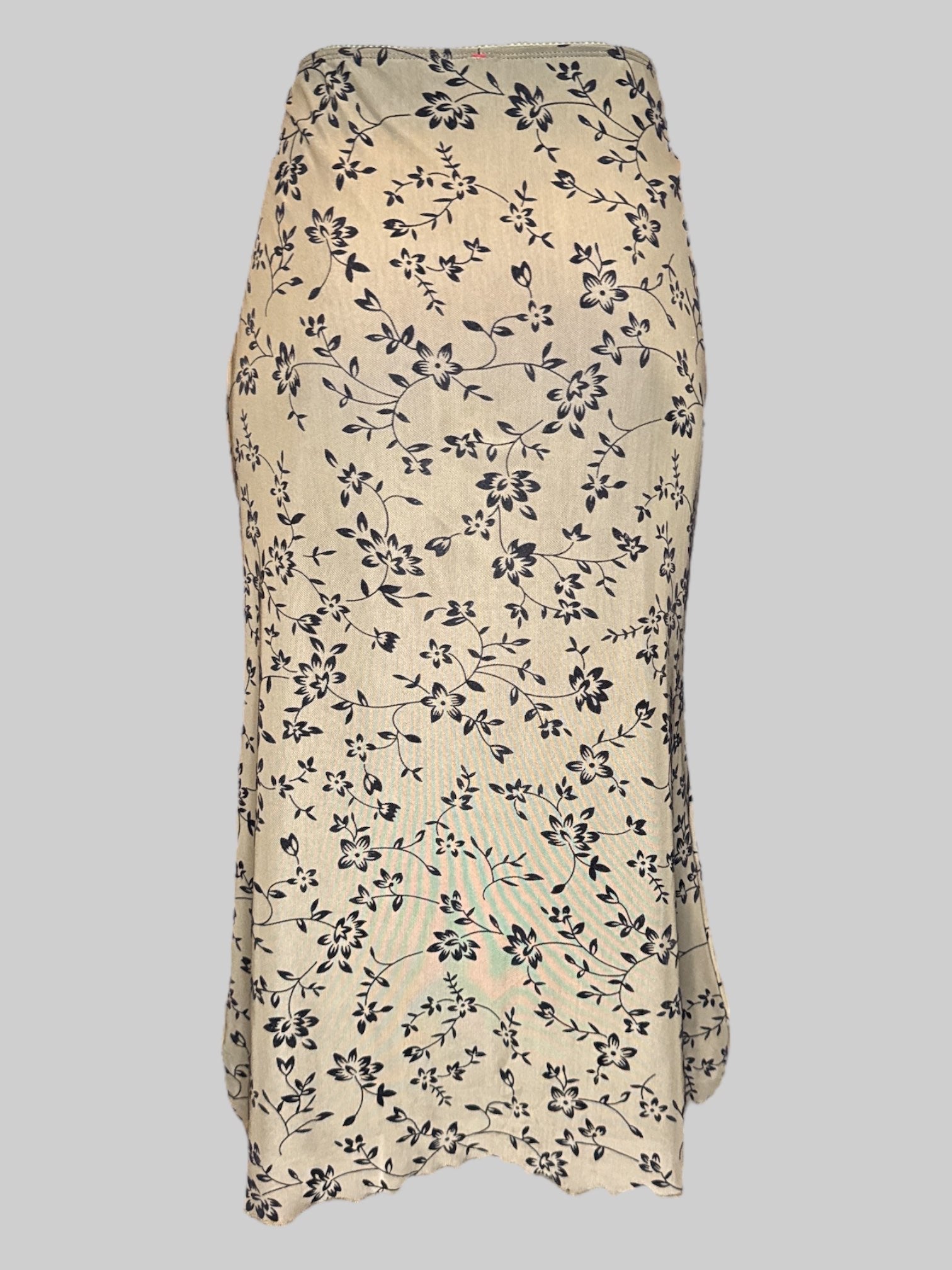 L Green maxi skirt with Velvet burn out black florals and lettuce trim