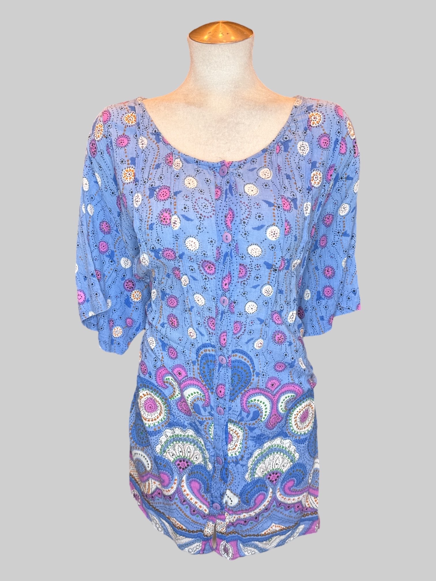 4X Vintage light blue button up with multicolor Paisley and geometric designs