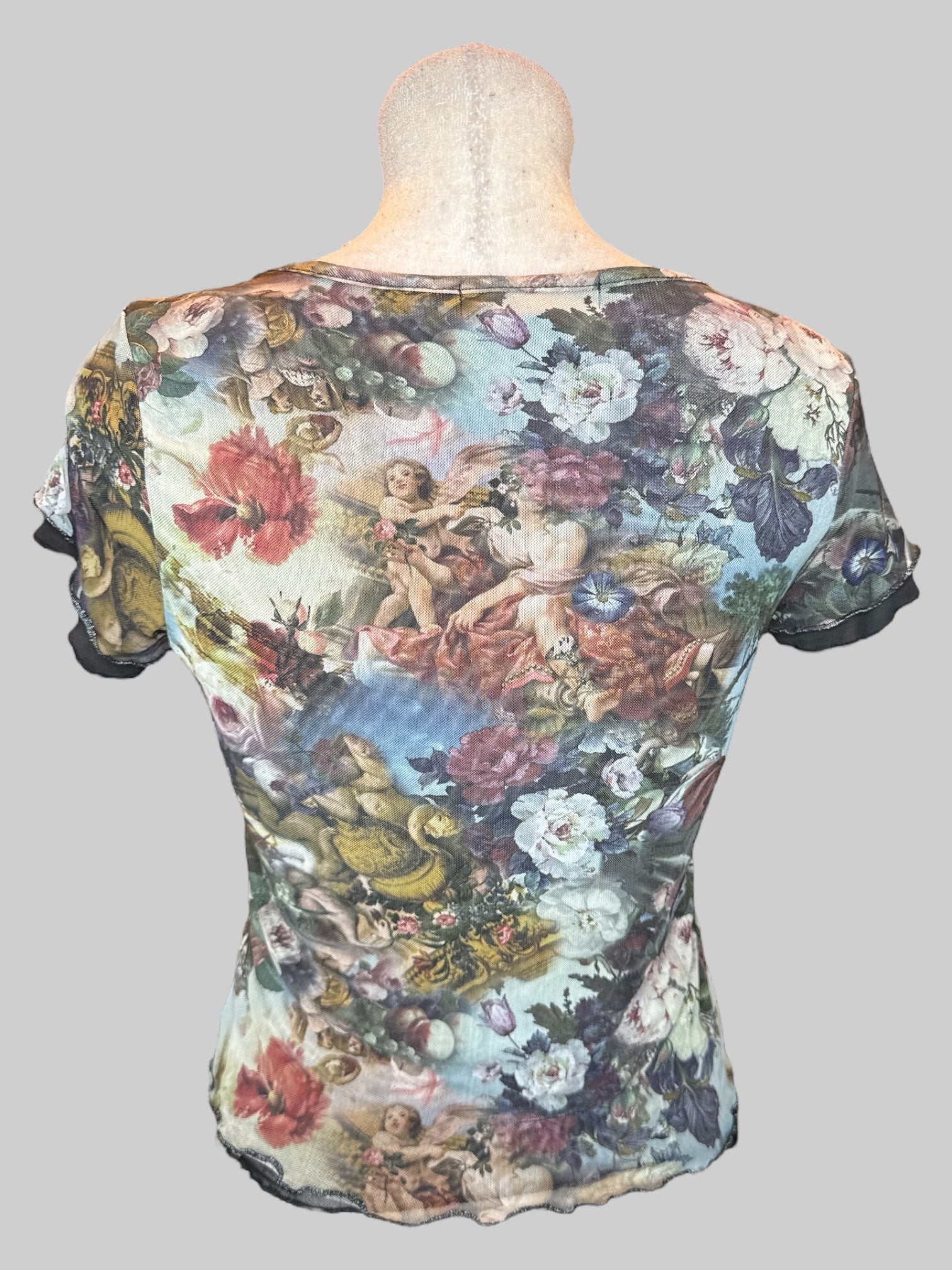 L Double layer sheer T-shirt with angels and florals
