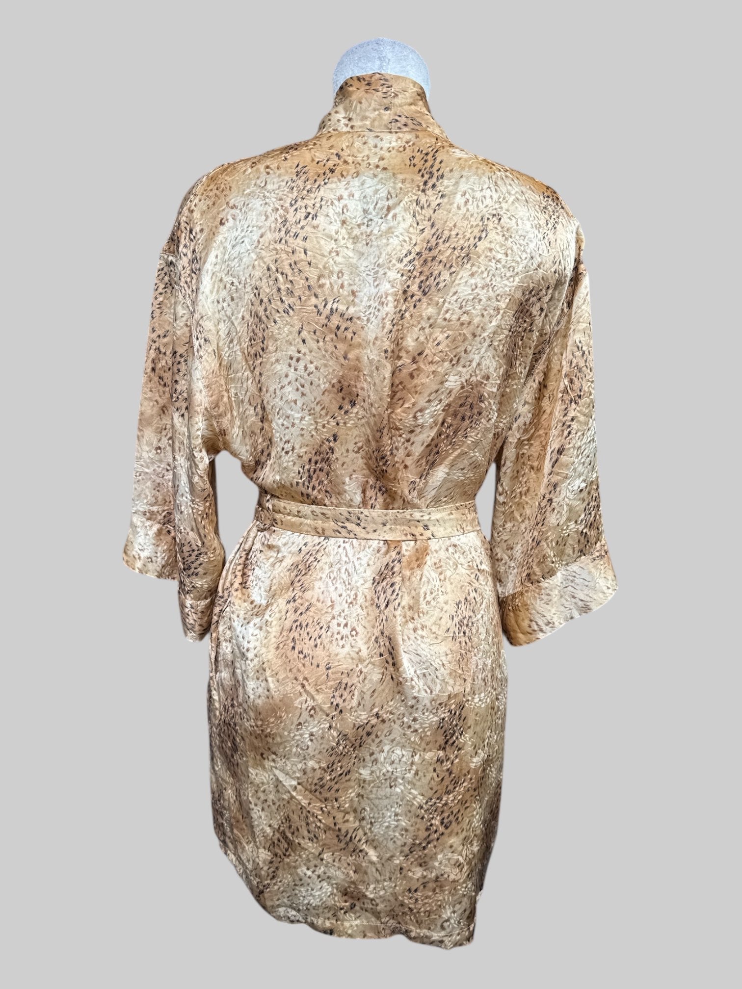 L Vintage silk tan animal print robe with belt tie