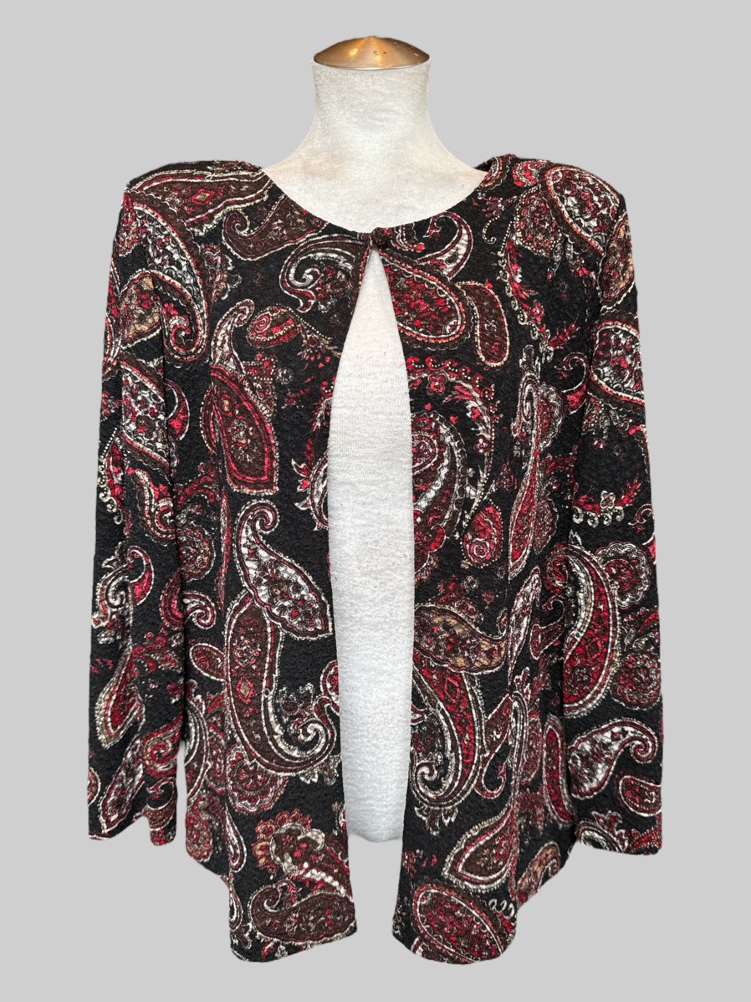 0X Vintage black textured single button cardigan with brown, red, white, and gold paisley designs and shoulder pads