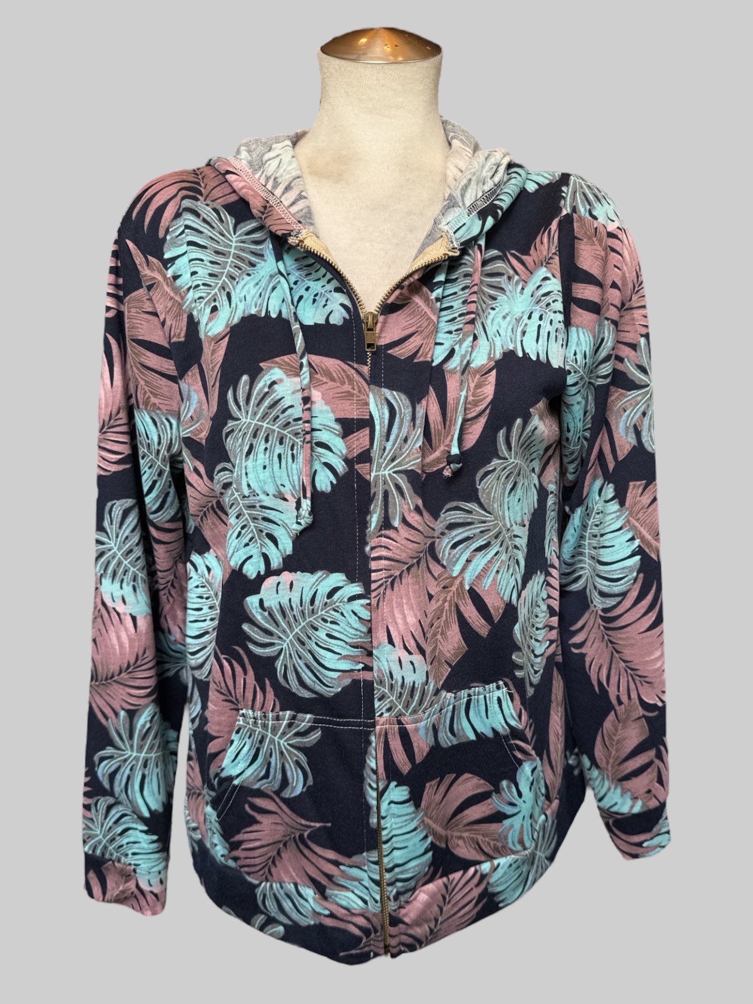 XL Blue zip up hoodie with pink and blue green botanicals