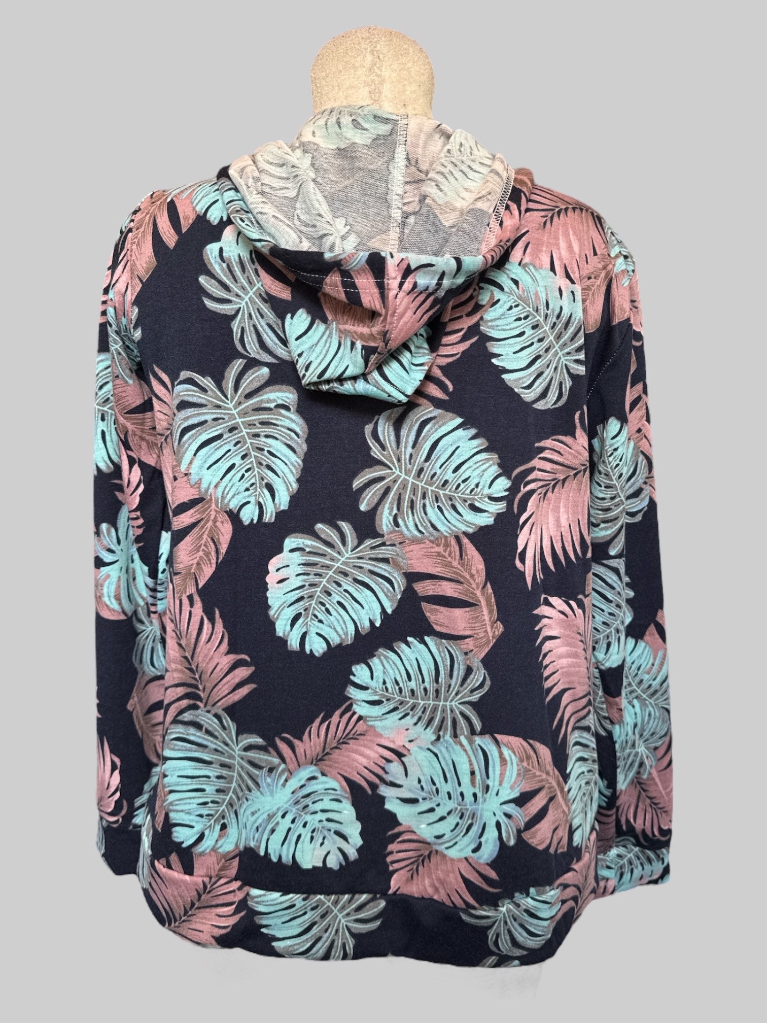 XL Blue zip up hoodie with pink and blue green botanicals