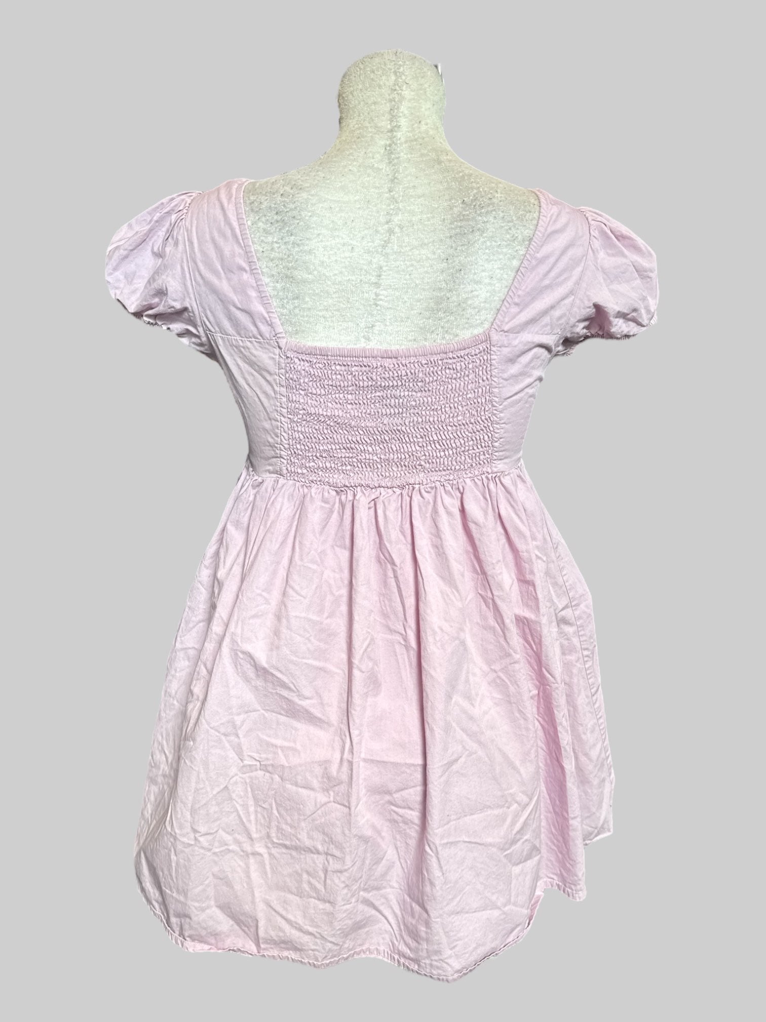 M Light pink short dress with shirred back, lots of pleating, and balloon sleeves