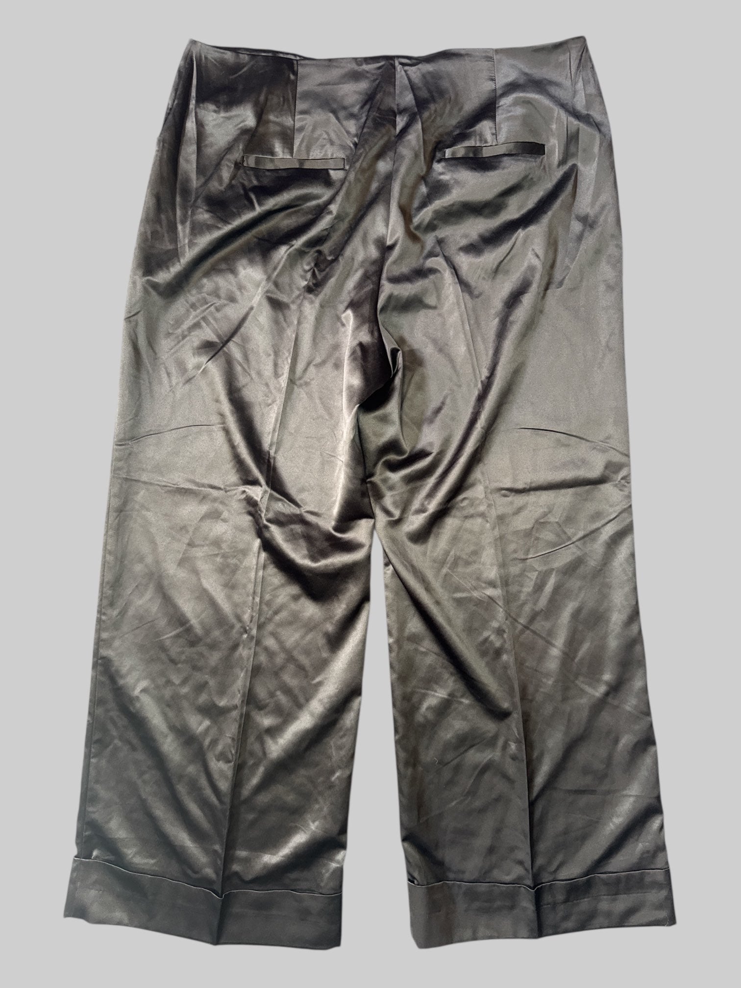 1X Black satin like pants with cuffed legs, pockets, and belt loops
