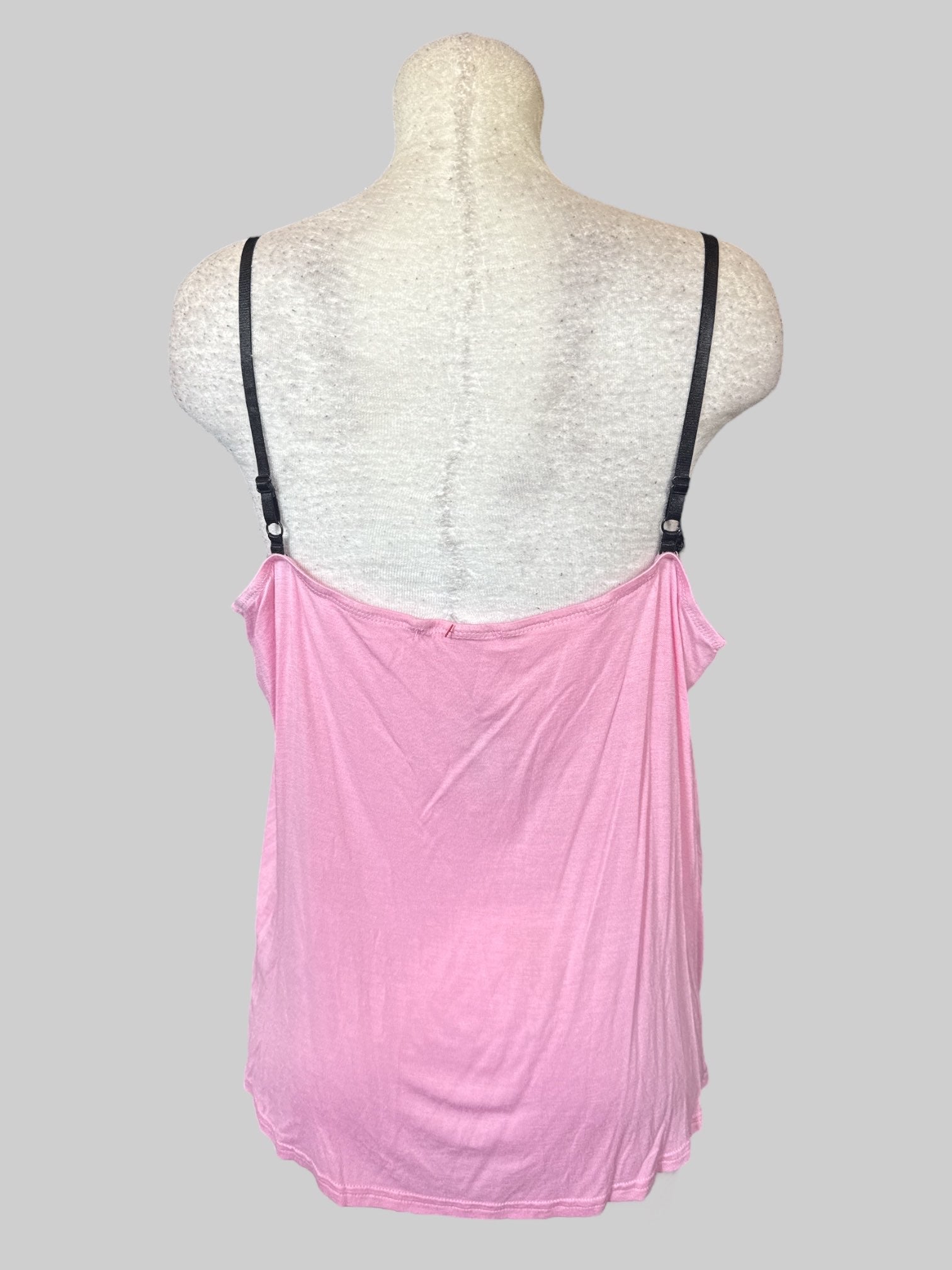 3X Pink sleeveless tank top with black straps and black lace and lacing details on front