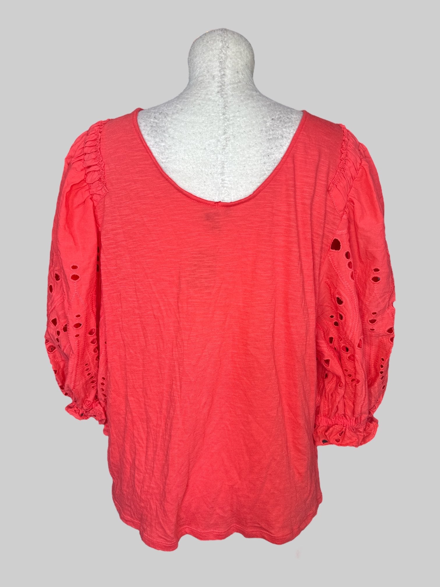 3X Coral pink balloon embroidered with eyelets sleeves, and pleated design on shoulders