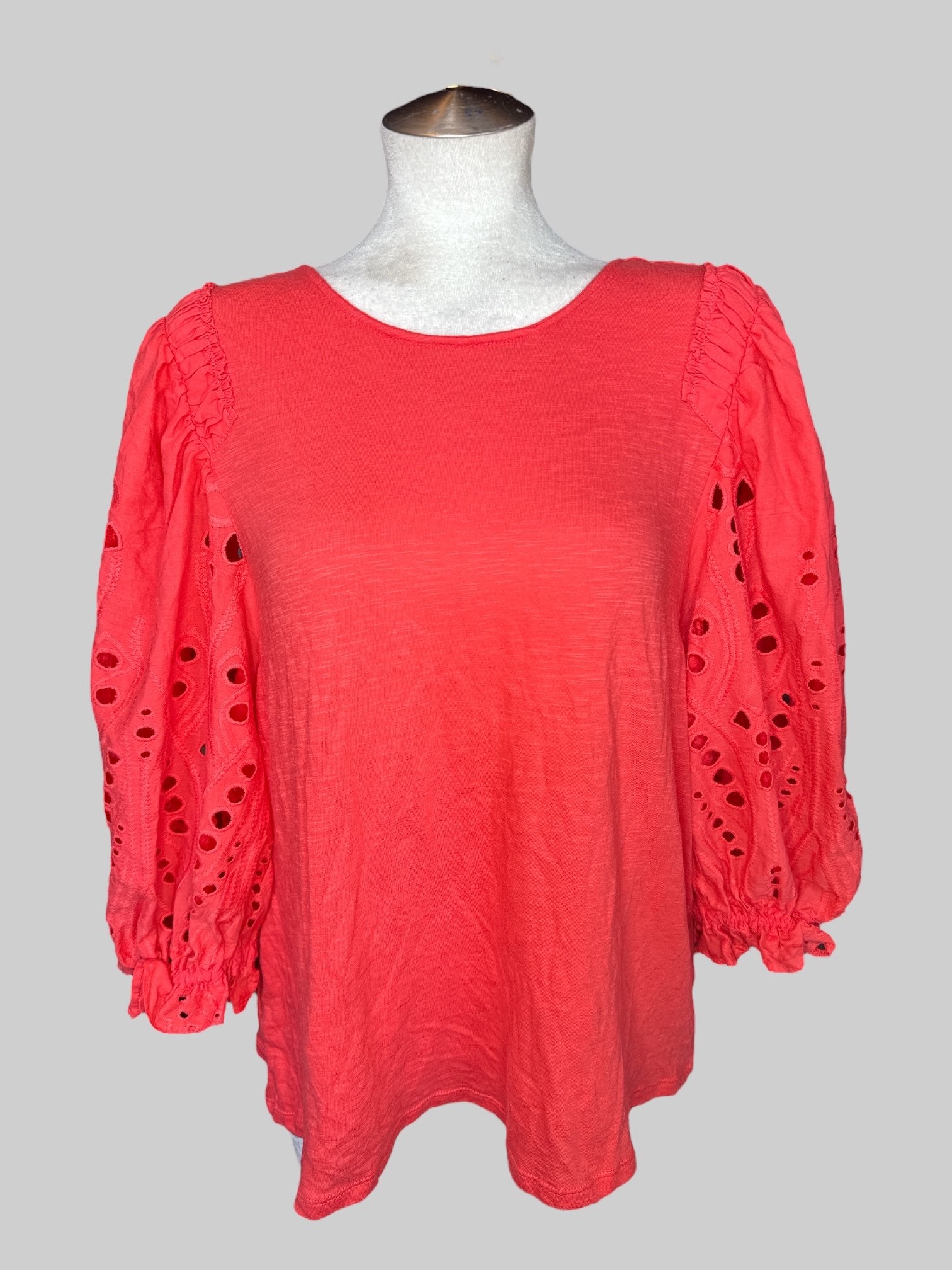 3X Coral pink balloon embroidered with eyelets sleeves, and pleated design on shoulders