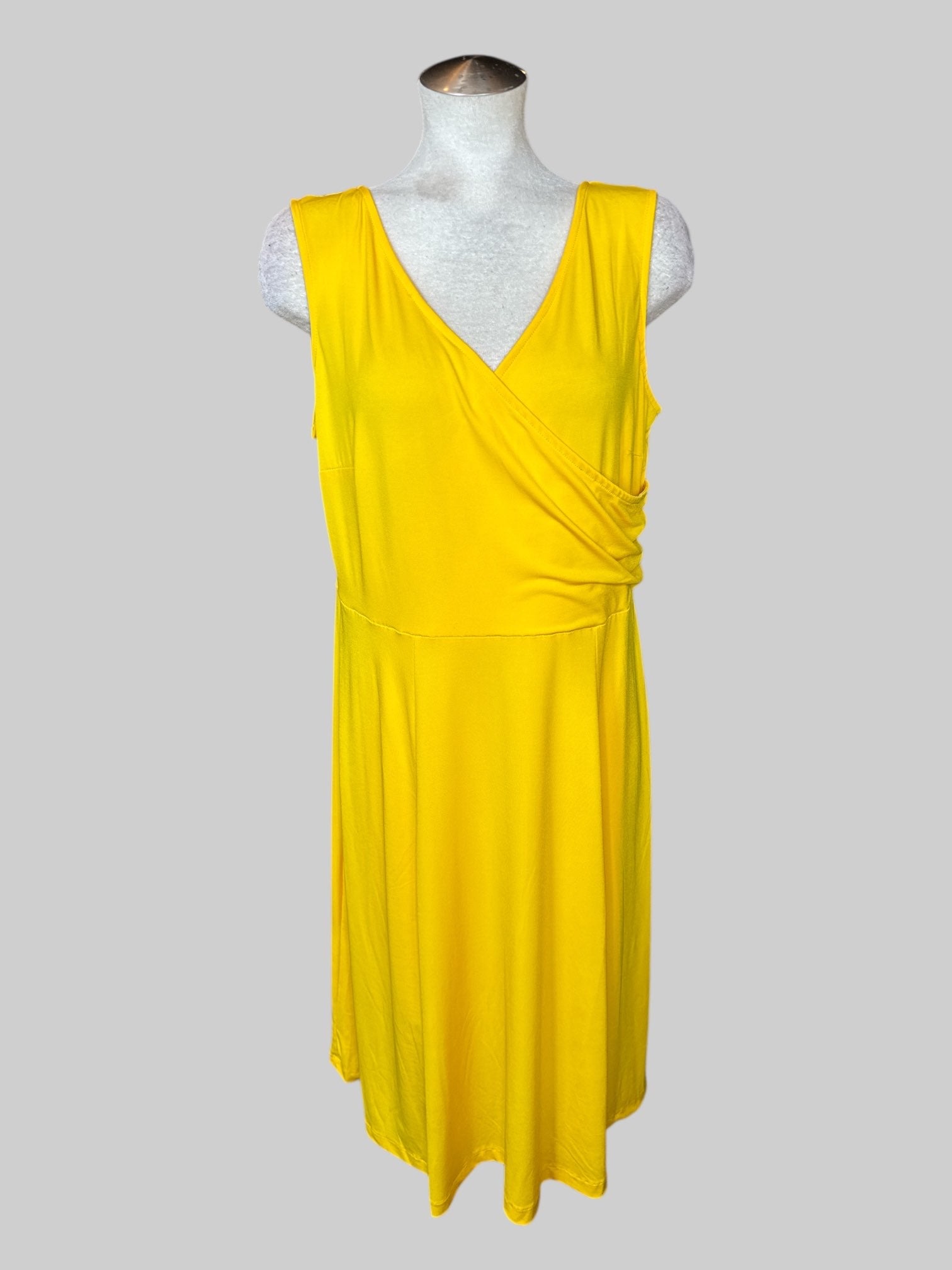 2X Vintage yellow sleeveless faux wrap dress with panel design