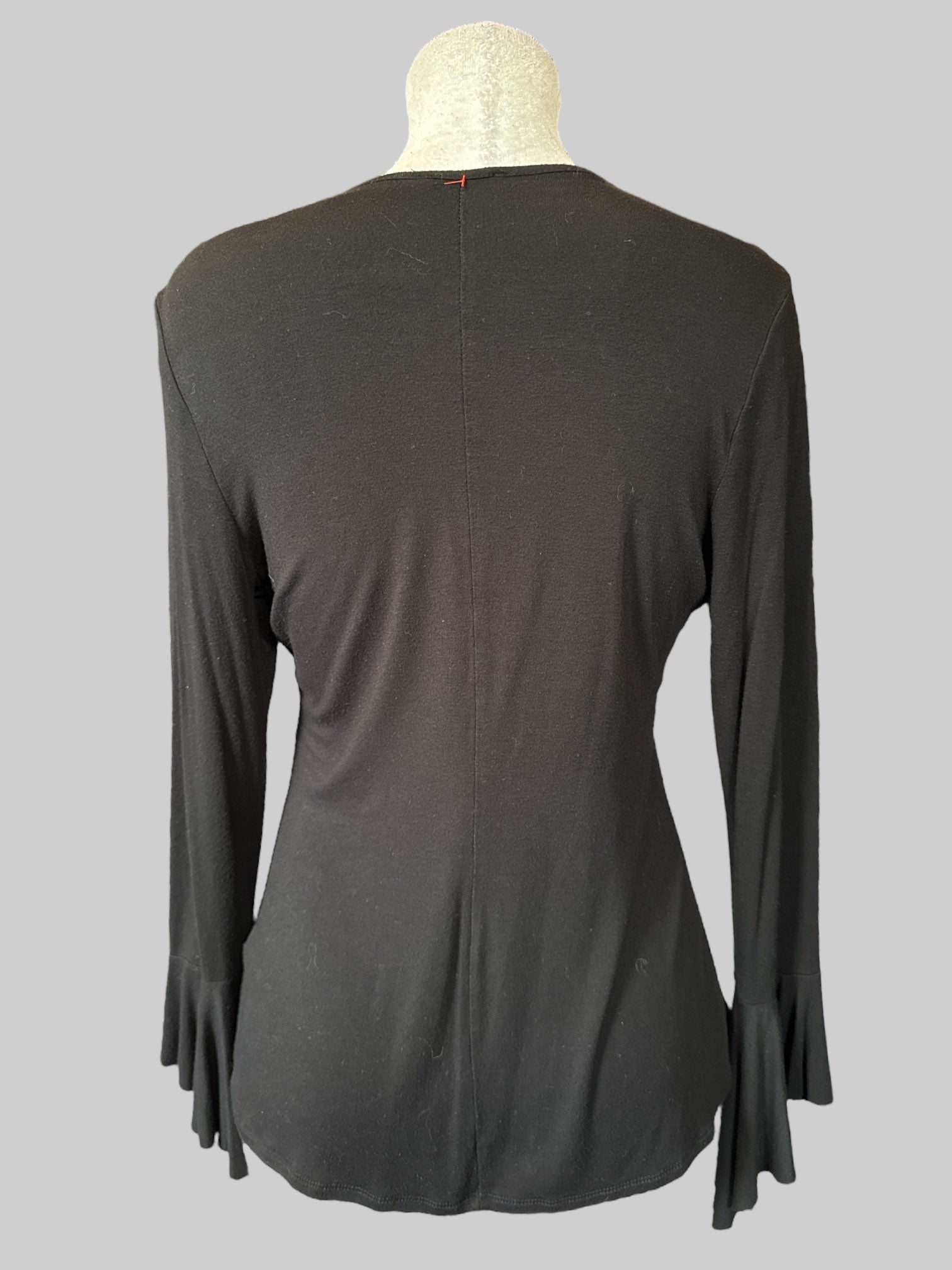 XL Black long sleeve top with bell sleeves and cream embroidery with beads