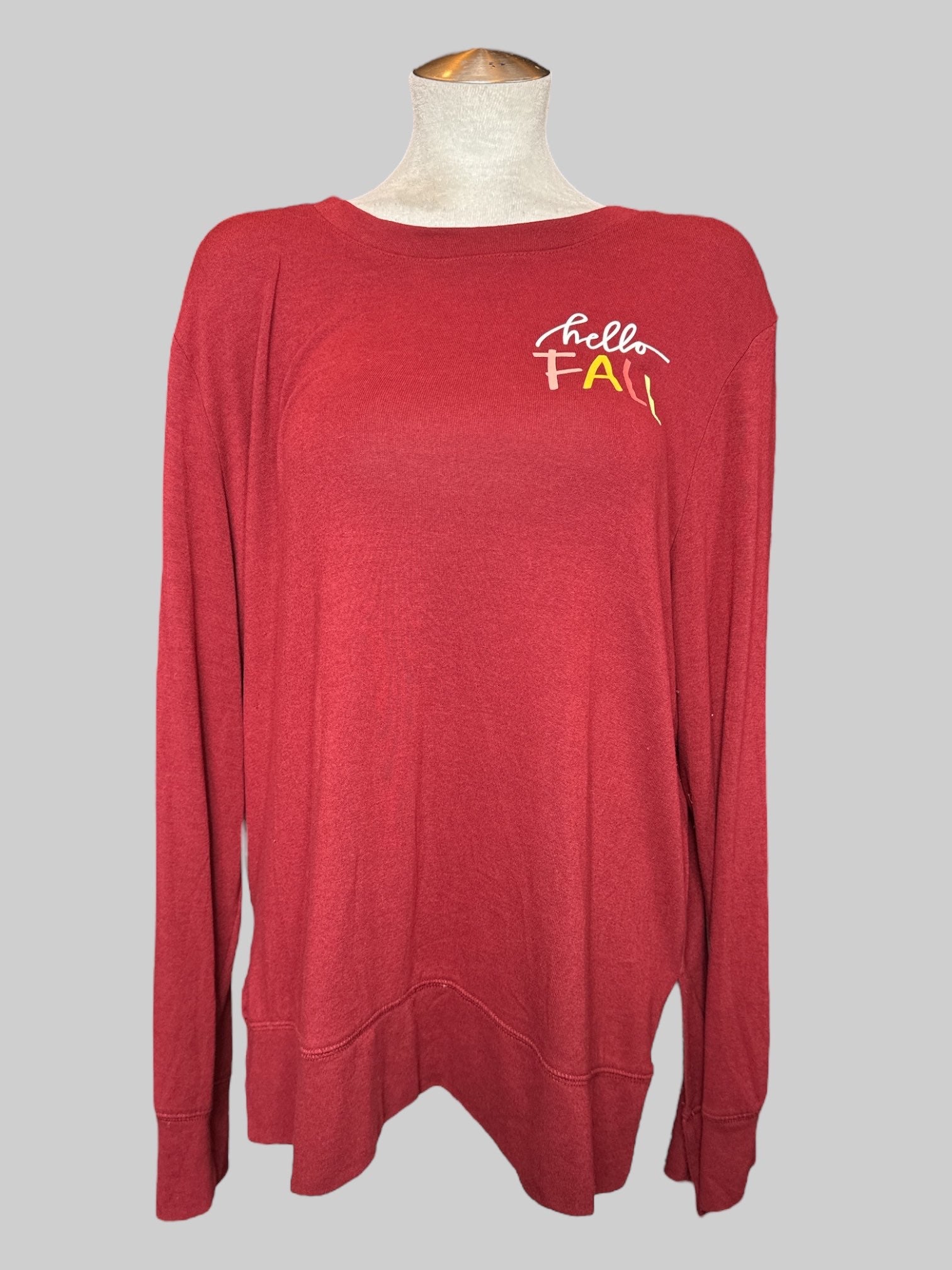 2X Maroon “Hello Fall” long sleeve flowy top with slits on side