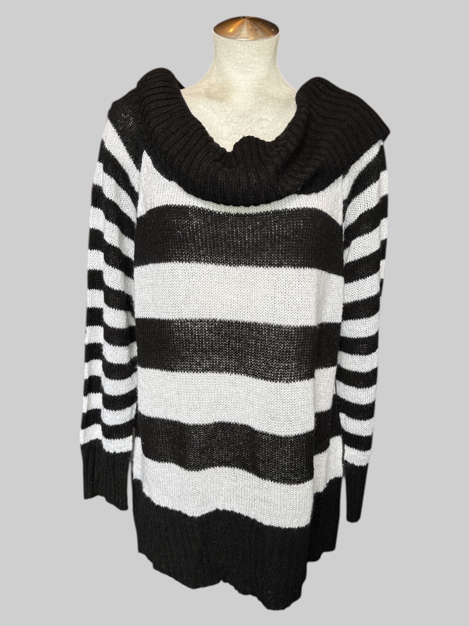 3X Black and white striped loose knit sweater with cowl neck
