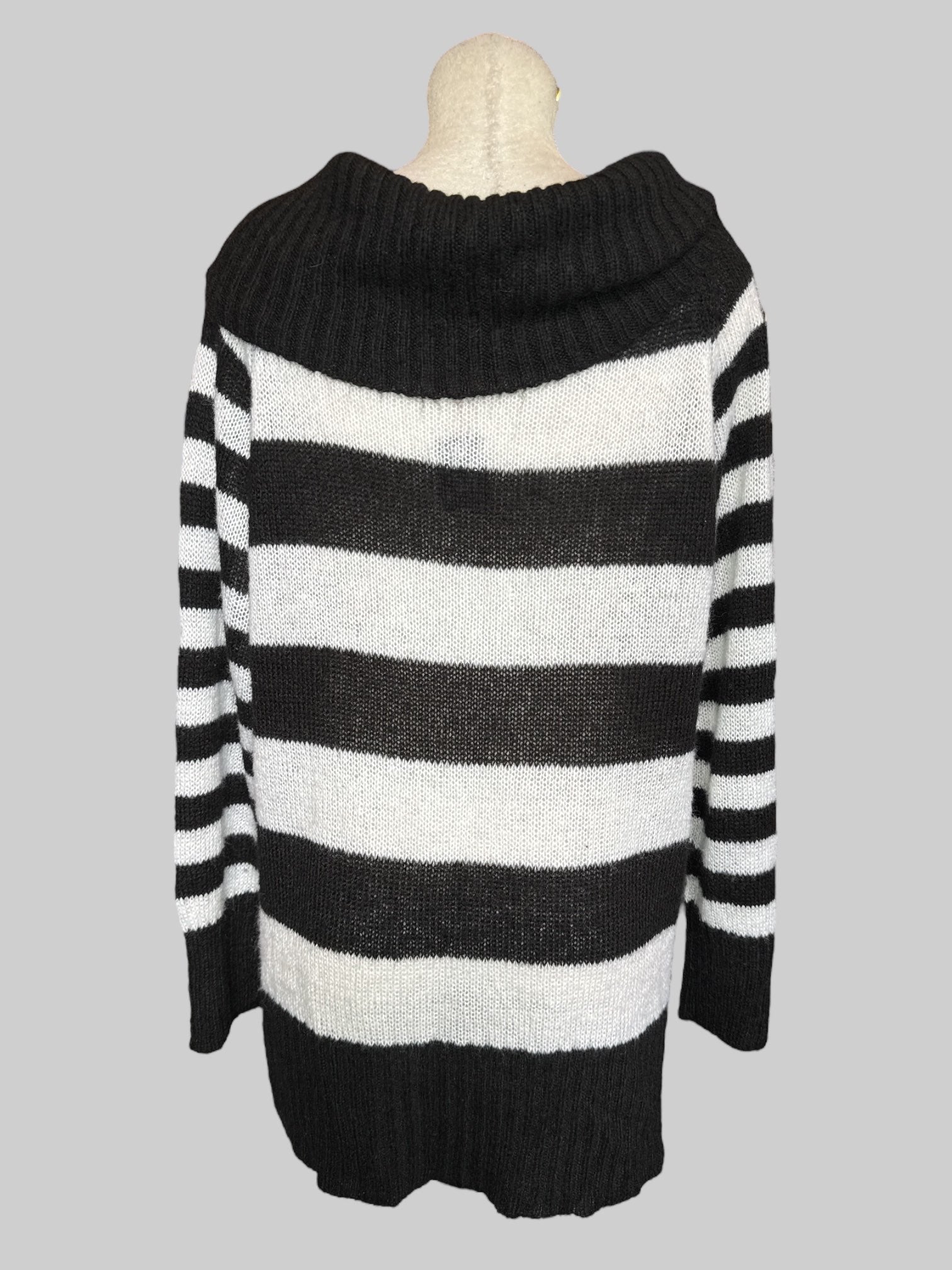3X Black and white striped loose knit sweater with cowl neck
