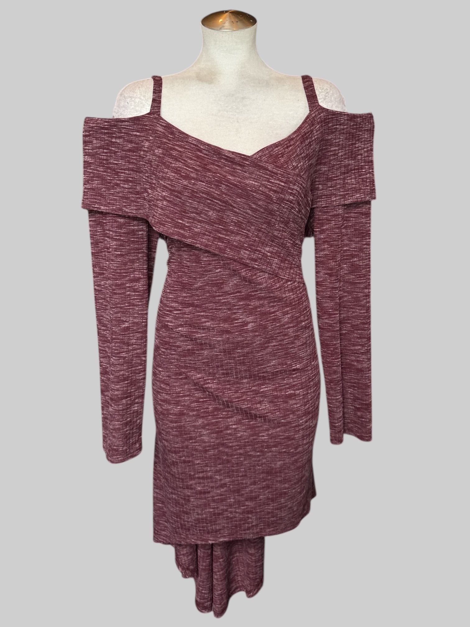 4X Maroon and gray flowy high low dress with cold shoulders