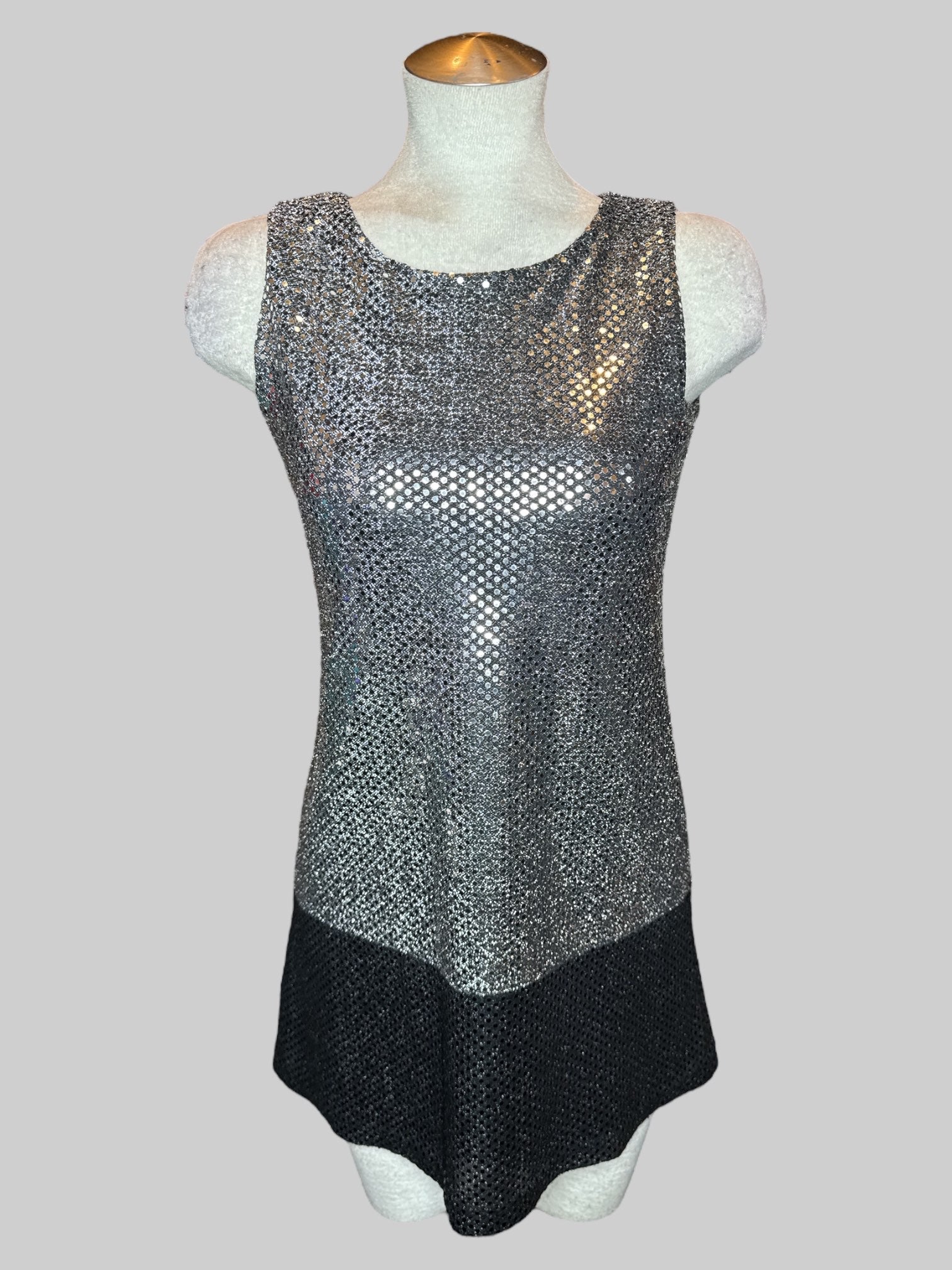 S Vintage short silver and black color block sequin dress