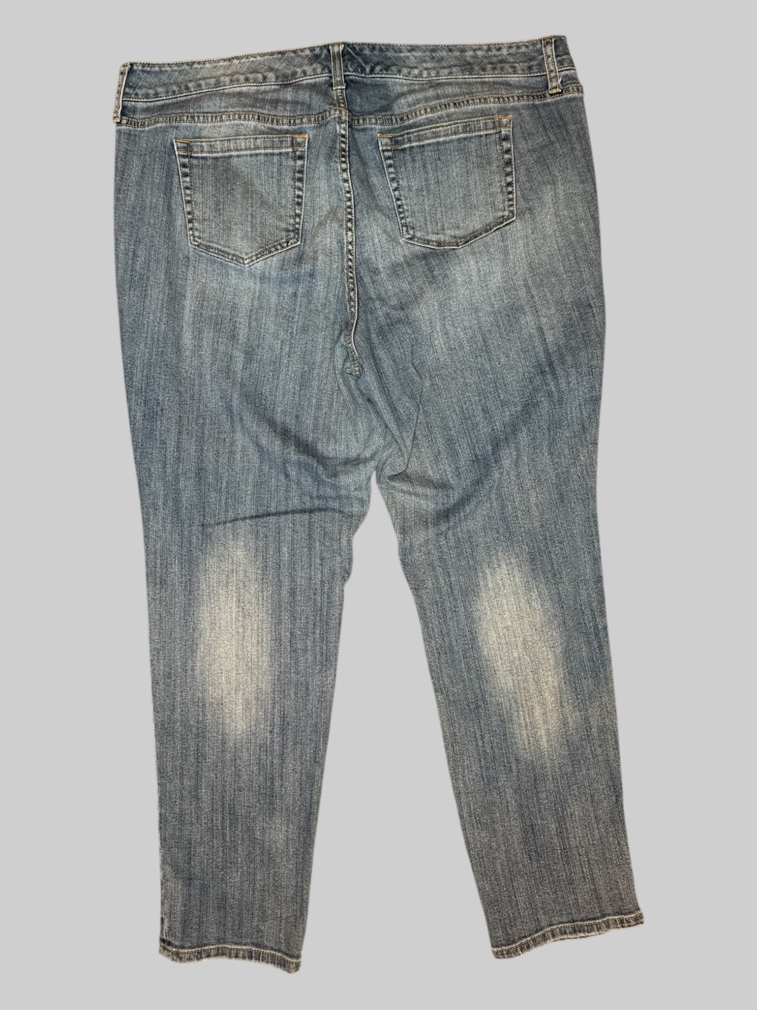 0X Distressed and patched boyfriend style blue jeans